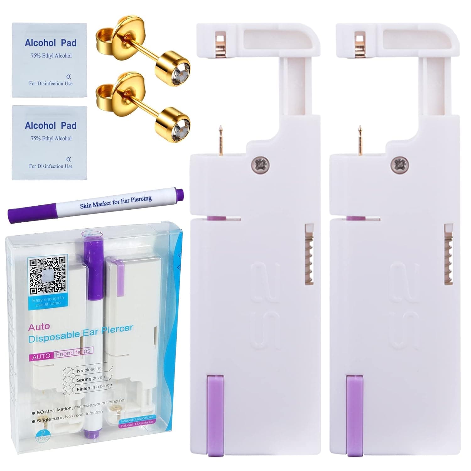 Firstomato 2PCS Disposable Ear Piercing Kit Ear Piercing Gun Self Use Ear Piercings Kit Cartilage Piercing Gun with Hypoallergenic Earrings(4mm,24kt Gold)