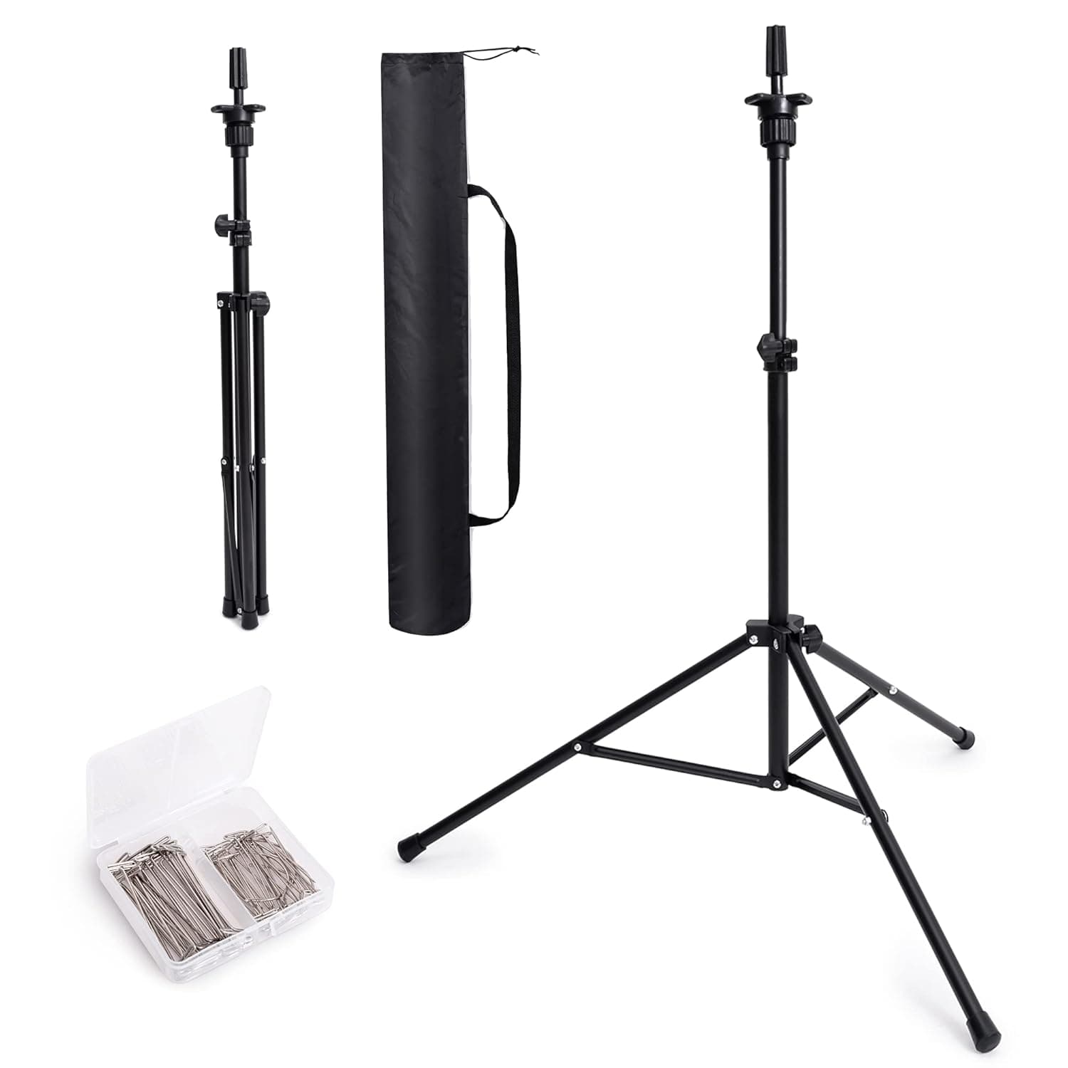 GOODOFFER PLACE Wig Head Stand Metal Mannequin Head Tripod Stand Adjustable with Carrying Bag,30pcs T-PIN for Maniquins Head Manikin Head Training Canvas Block Head (Black)