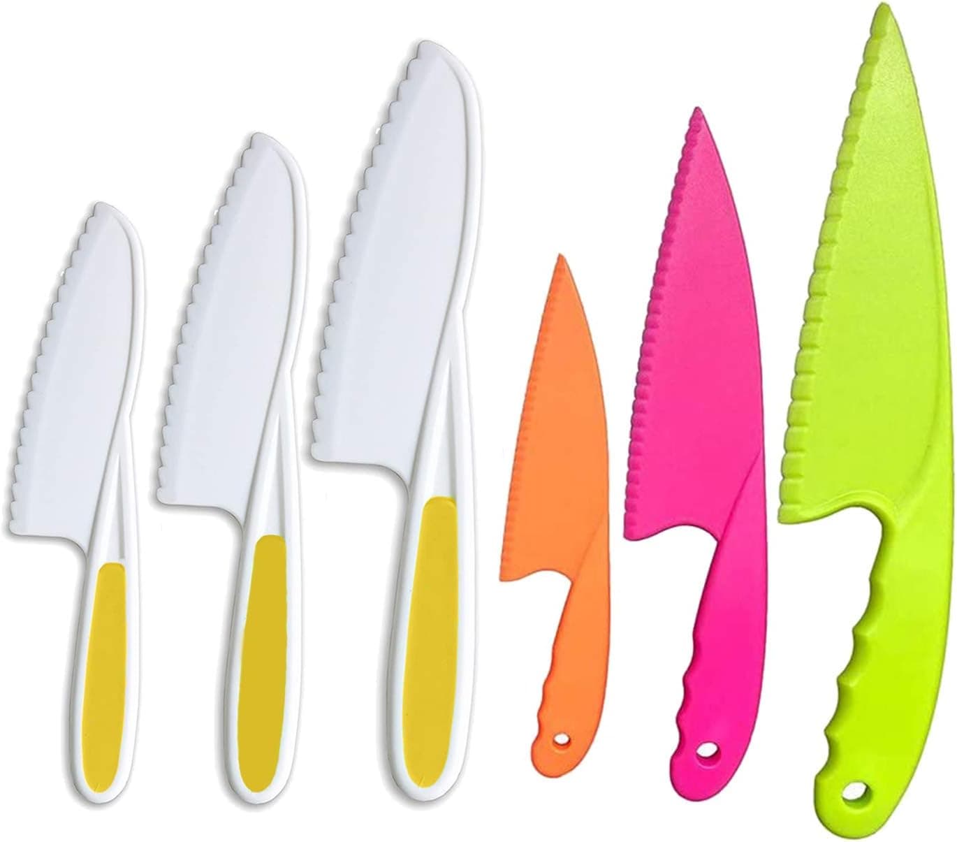 Fansisco 6 Pieces kids Nylon Kitchen Baking Knife Set Kid Plastic Kitchen Knife Set Children's Safe Cooking Knives Set (Ages 6-12) Kids Safe Knife for Fruit, Bread, Cake, Lettuce, Salad (yellow)