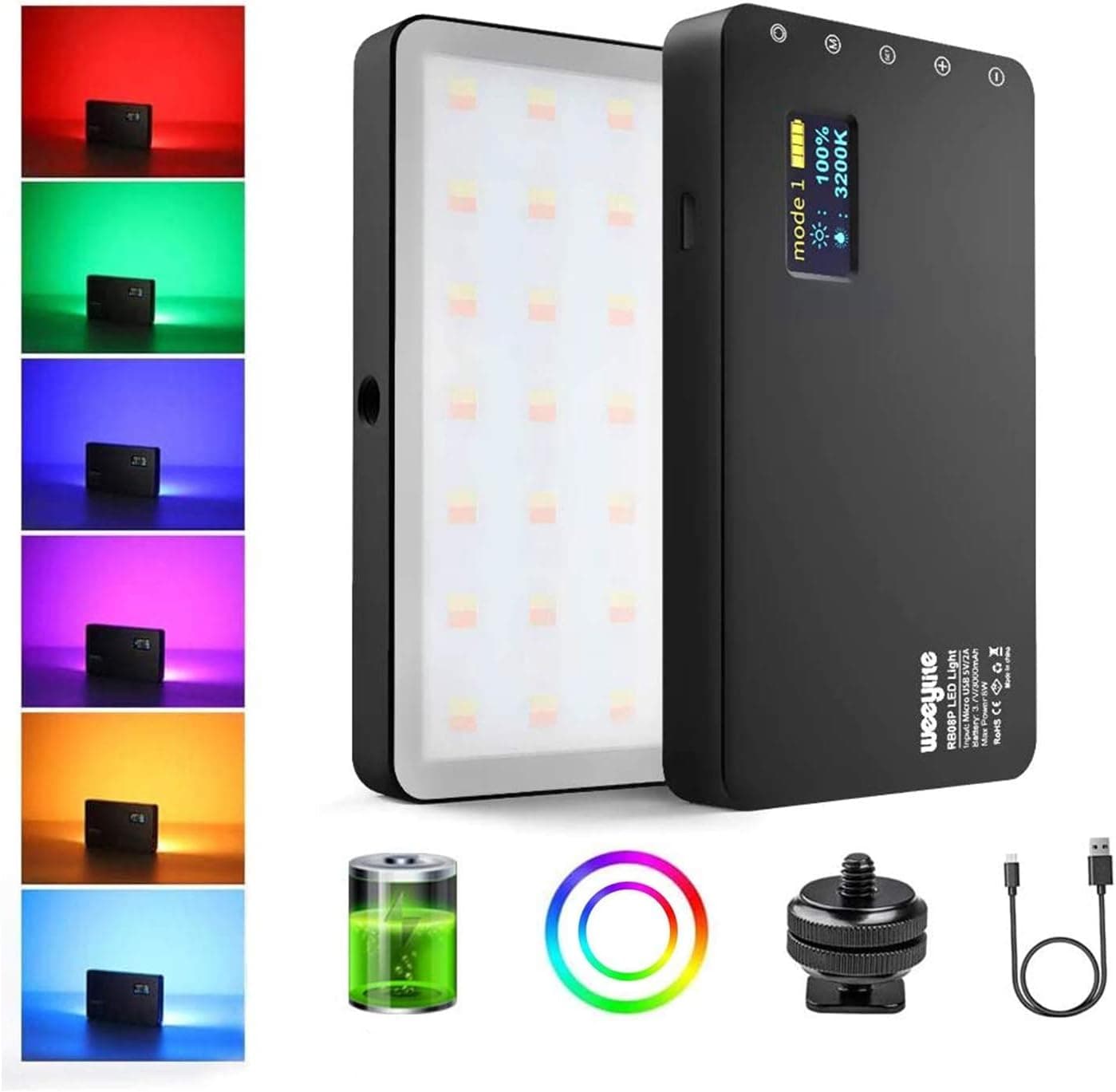 Weeylite RGB Video LED Light, CRI95+ RGB 360° Full Color 20 Light Effects, Built-in Rechargeable Battery, Aluminum Body, OLED Screen, 2500K-8500K Fill Light Panel for YouTube DSLR Studio Outdoor Video