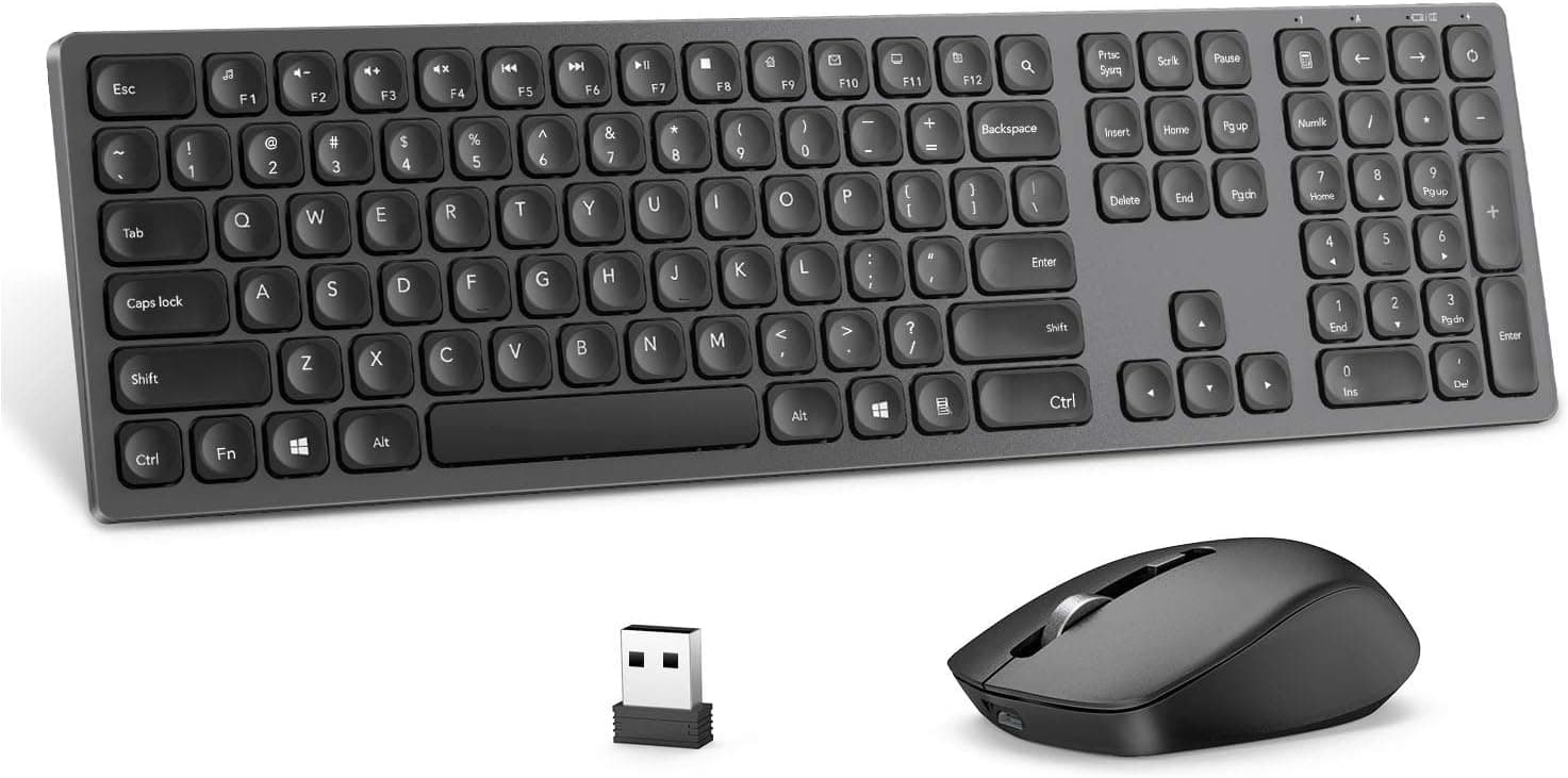 Rechargeable Wireless Keyboard Mouse Combo, seenda Ultra Quiet Full-Sized Cordless Keyboard and Mouse Set with 3 Level DPI, Long Battery Life Keyboard Mouse for Windows Laptop Computer - Space Gray