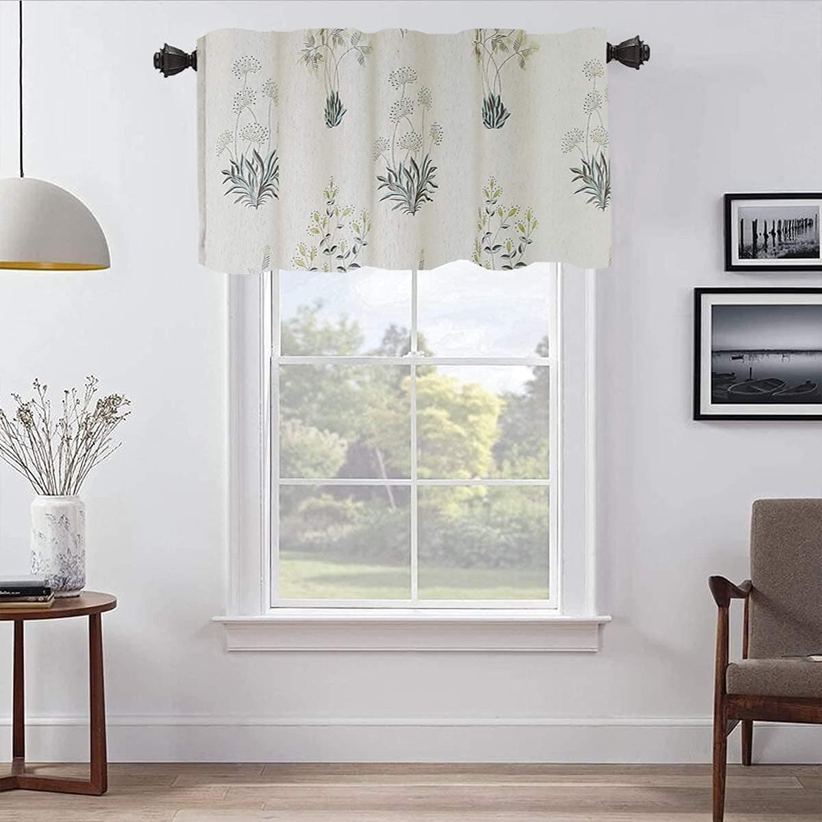 SUOUO Linen Textured Valance Bluestone Botanical Printed Floral Curtain for Kitchen Dining Living Room Light Filtering Small Windows Drapes Rod Pocket 1 Panel 52 X 18 Inch Length Green Leaf Sage