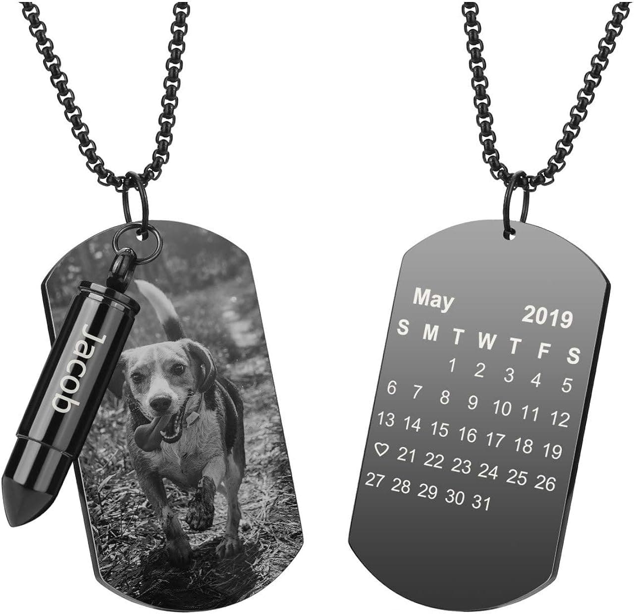 PiercingJ Personalized Custom Photo Picture Calendar Engraved Stainless Steel Urn Bullet Military Army Dog Tag ID Necklace 2 in 1 Double Pendant Ashes Keepsake Memorial Cremation Jewelry
