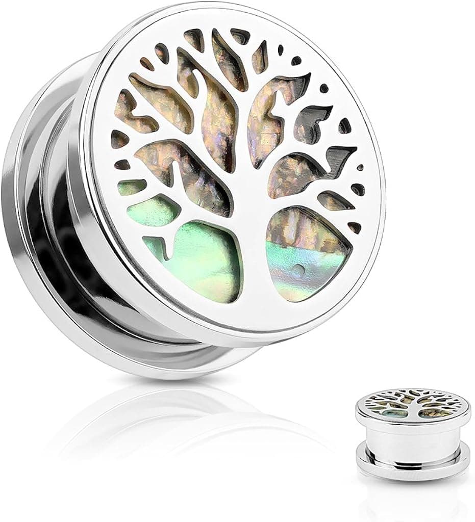 Pierced Owl - Tree of Life Abalone Inlay Screw Fit Tunnel Plug Earrings - Sold as a Pair