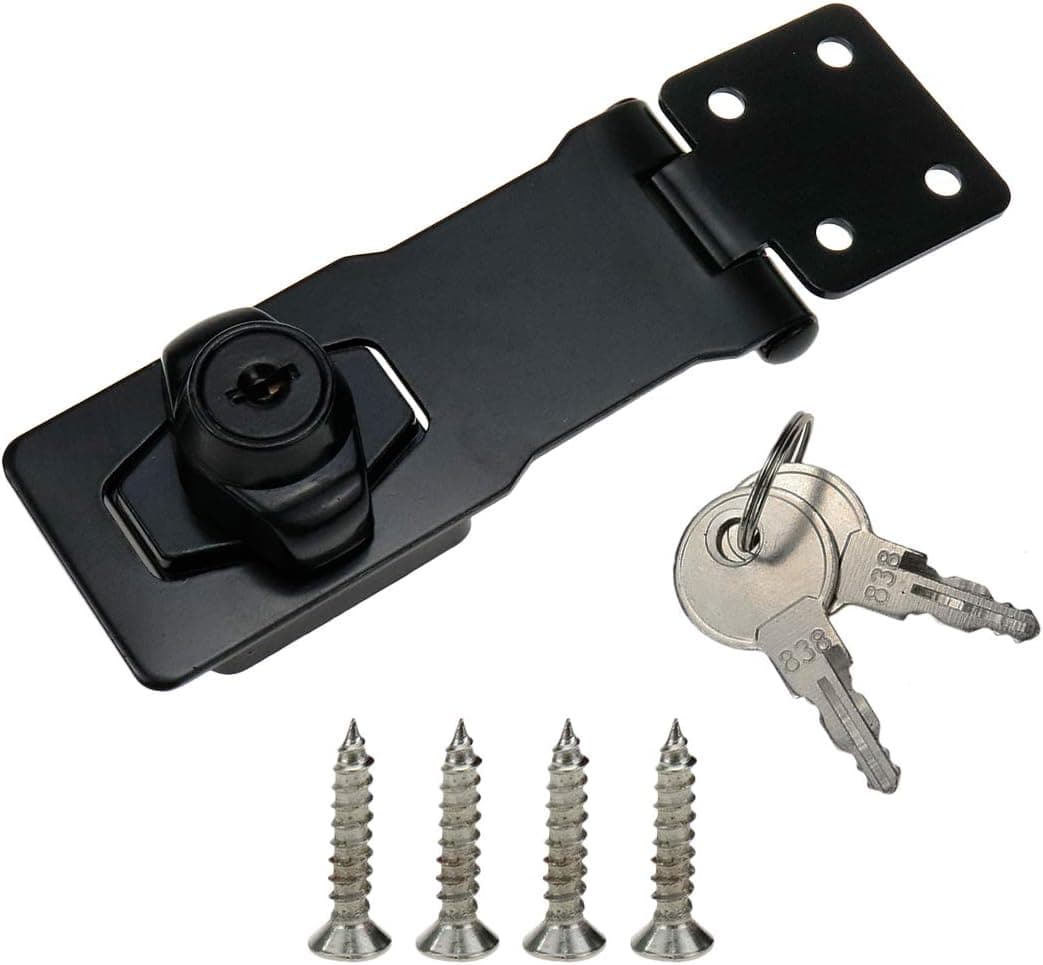 Meprtal 4-Inch Clasp Keyed Lock Hasp Latch with Lock Heavy Duty Cabinets Locking Hasp Knob for Gate Shed Small Door Chrome Black Zinc Alloy with 2 Keys and Screws