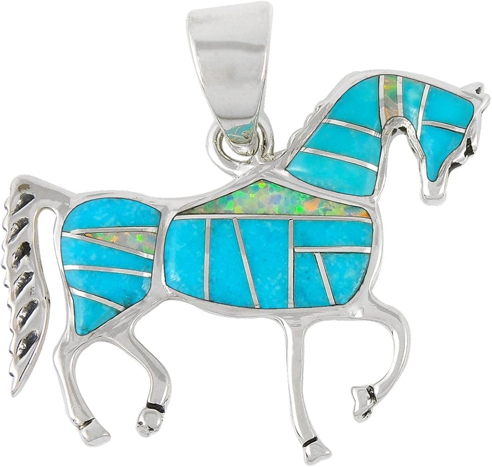Horse Pendant 925 Sterling Silver Genuine Turquoise & Gemstones