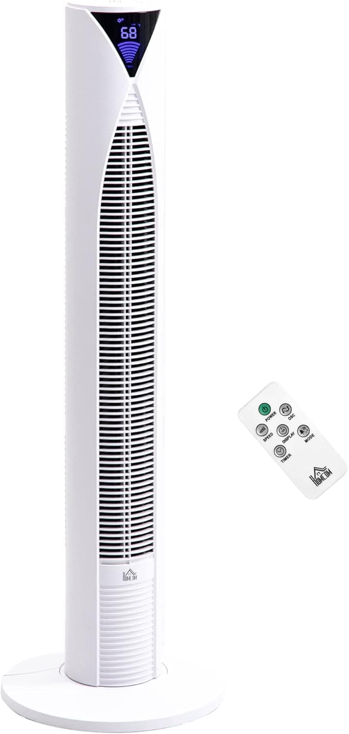 HOMCOM 37.75" 70° Oscillating Tower Fan Cooling for Bedroom with 3 Speeds, 12H Timer, LED Panel, and Remote Control, White