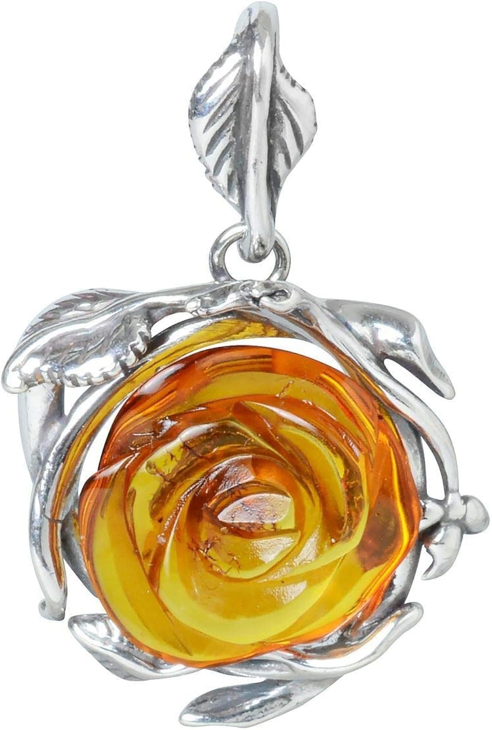 GIA Certified Sterling Silver and Baltic Amber Pendant Rose