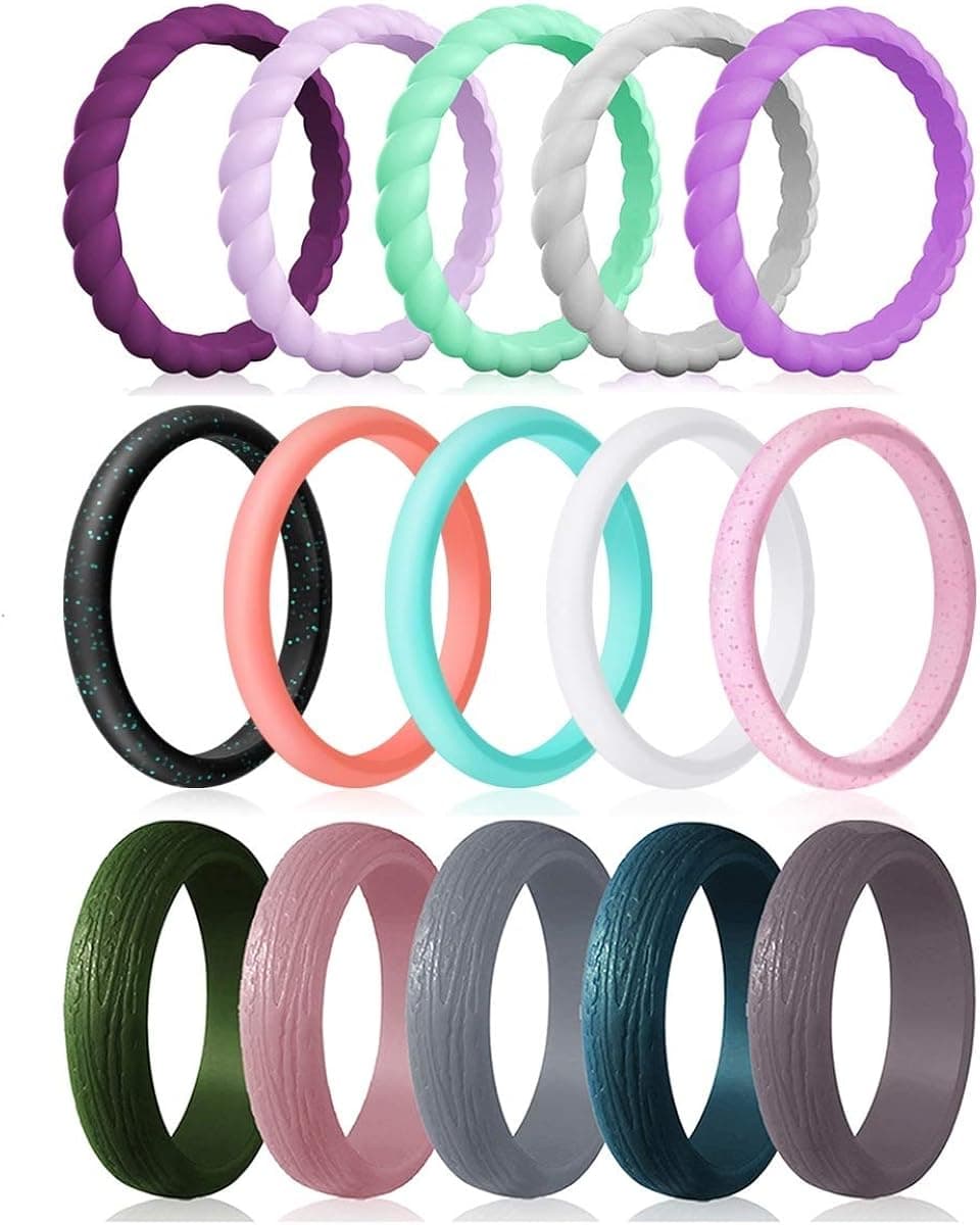 Silicone Wedding Rings for Women, 15-Pack Thin Rubber Wedding Bands Stackable Braided Ring, Affordable, Fashion, Colorful, Comfortable fit, Skin Safe