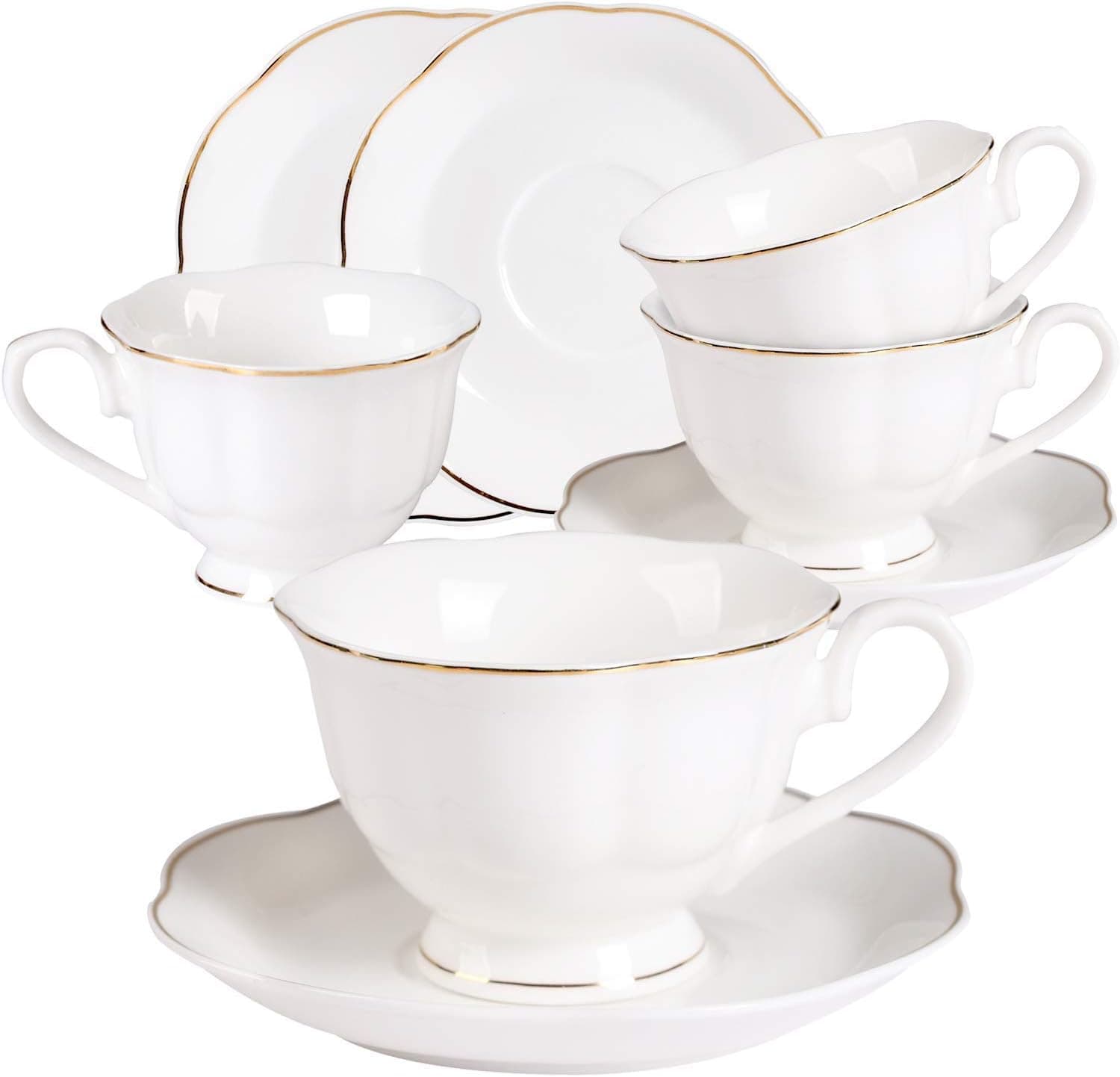Ceramic Tea Cups and Saucers Set - 4PCS 7oz New Bone China Porcelain Coffee Cups Set With Golden Leaves Edge for Mocha Latte and Cappuccino,Set of 4