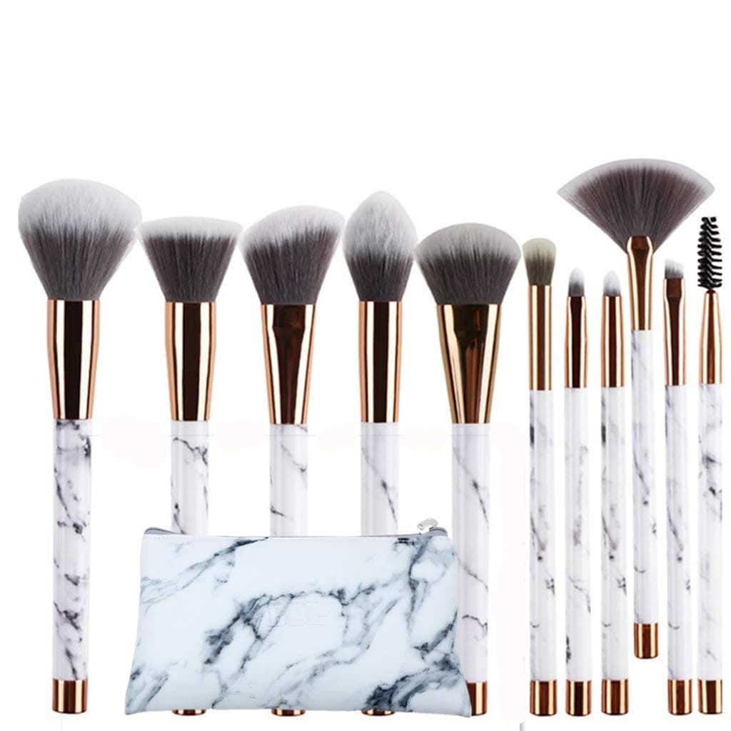BBL 11pcs Makeup Brush Set, Premium Synthetic Hair Marble Cosmetic Brushes for Foundation Blending Powder Liquid Cream Tapered Concealer Eye Shadow Blush with Leather Clutch