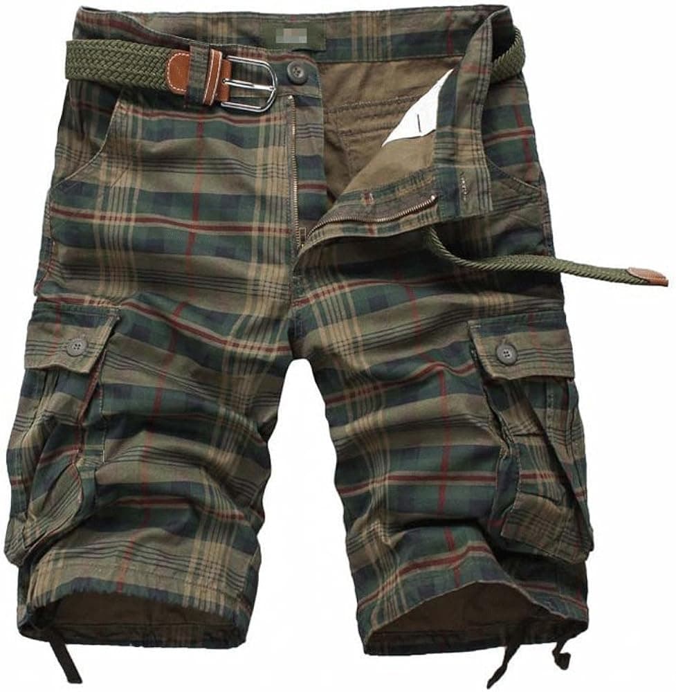 Men's Casual Plaid Cotton Cargo Shorts Patchwork with Pockets for Sports Green_L