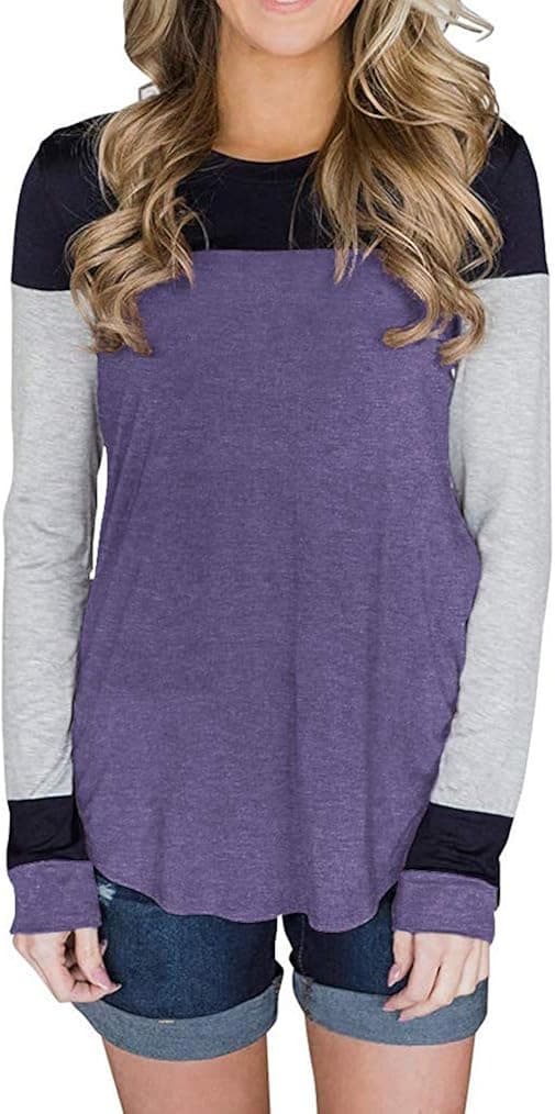 Tobrief Women's Long Sleeve Tops Casual Cute Color Block Shirts S-XXL