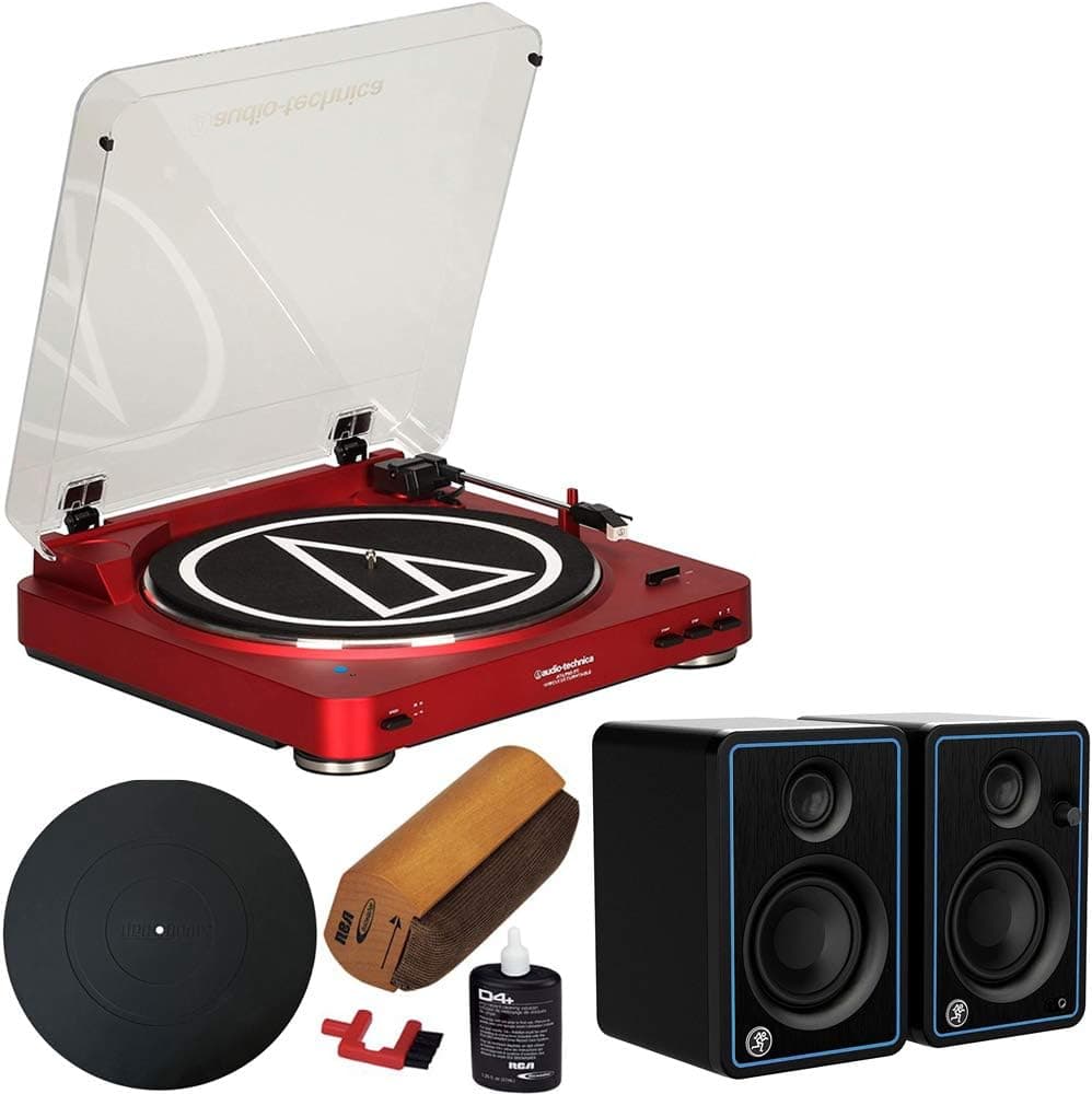 Audio-Technica at LP60RDBT Fully Automatic Bluetooth Wireless Belt-Drive Stereo Turntable Red Bundle with Mackie CR3 3" Multimedia Monitors Pair + Deco Gear Platter Mat + Vinyl Cleaning Kit