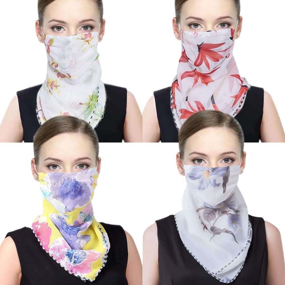 2 or 4PCS Women Face Scarf Chiffon Sun Mask Dust Proof Face Covers Filter Pocket Wrap Neck Gaiter UV Protection (one Size, 4pcs Flower Set)