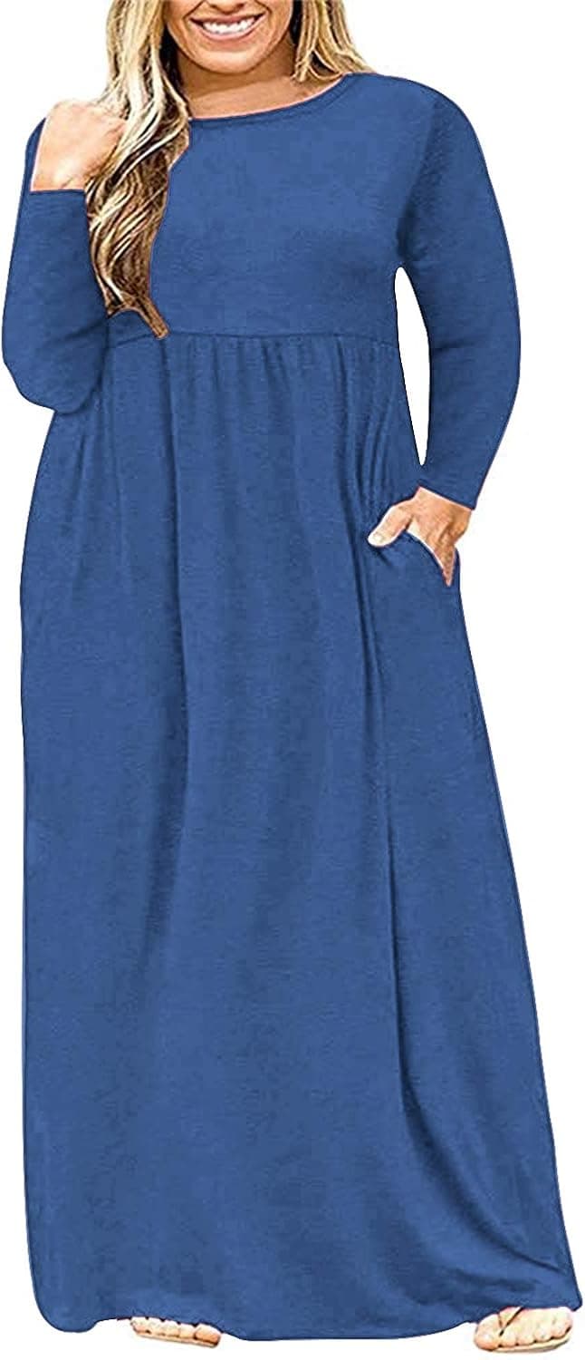 AUSELILY Women's Plus Size Maxi Dress Long Sleeve Casual Long Maxi Dresses with Pockets