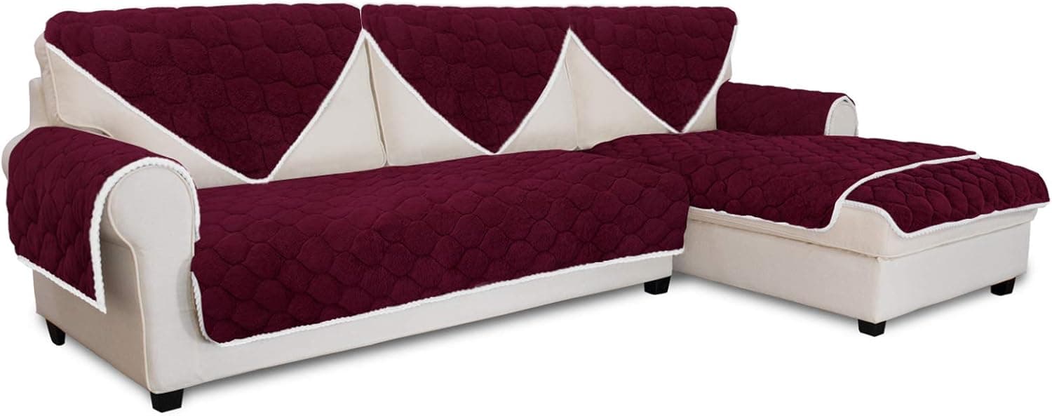 Easy-Going Super Soft Plush Couch Cover, Anti-Slip Sectional Couch Cover,Quilted L Shape Sofa Cover, Thicken Sofa Slipcover for Kids Dogs Pets, Sold by Piece/Not All Set (2pcs-36x36 in/Wine)