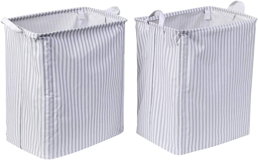 XNWYTECH Laundry Hamper Collapsible | Set of 2 Laundry Basket for Bathroom (White Oxford Clothes with Grey Striped, 19.7" H x 11.8" W x 15.7")