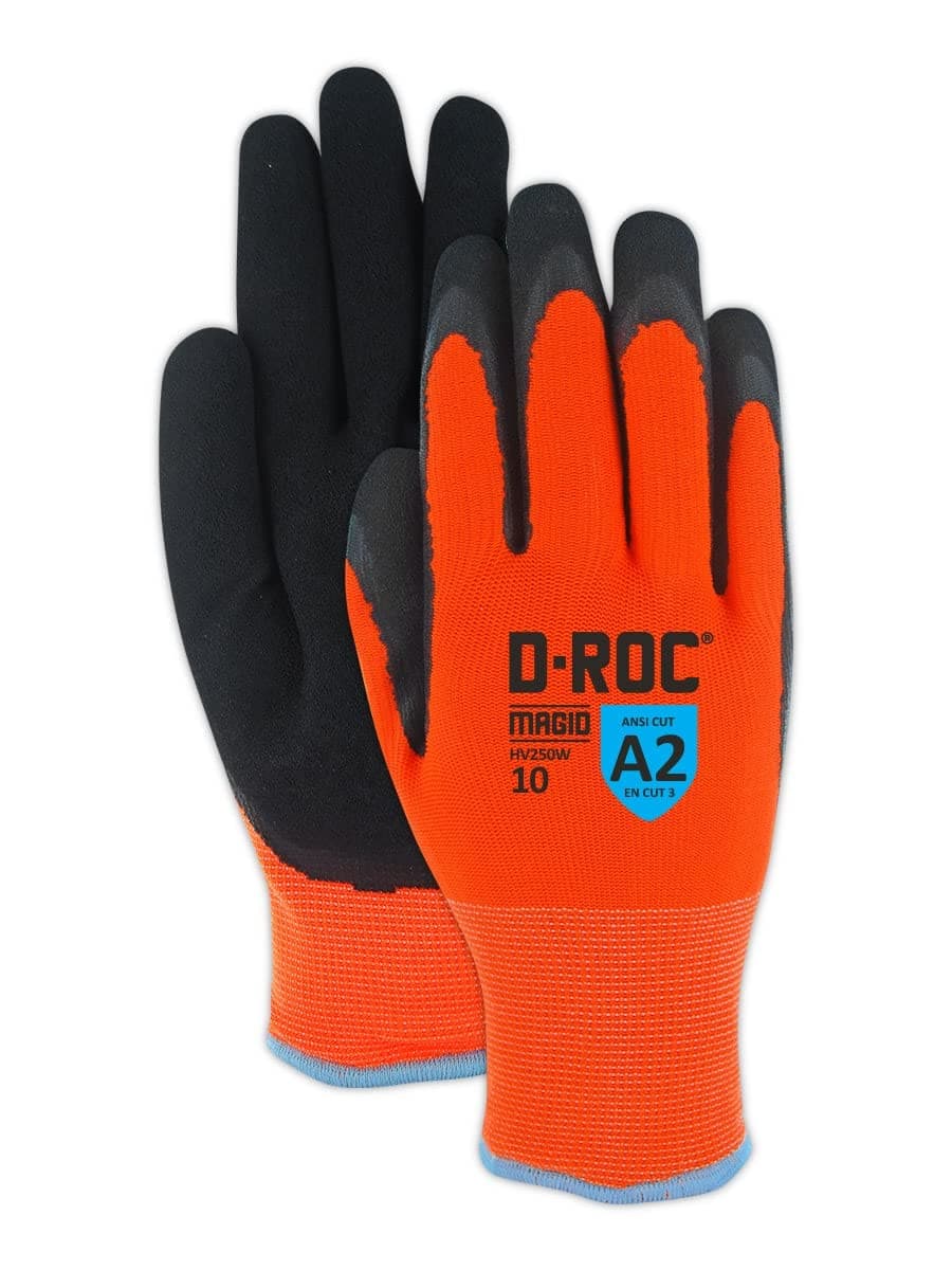 MAGID Waterproof Thermal Enhanced Grip Work Gloves, 2 PR, Level A2 Cut Resistant, Sandy Nitrile Coated (Nitrix), Size 11/XXL, High Visibility 7-Gauge (HV250W)