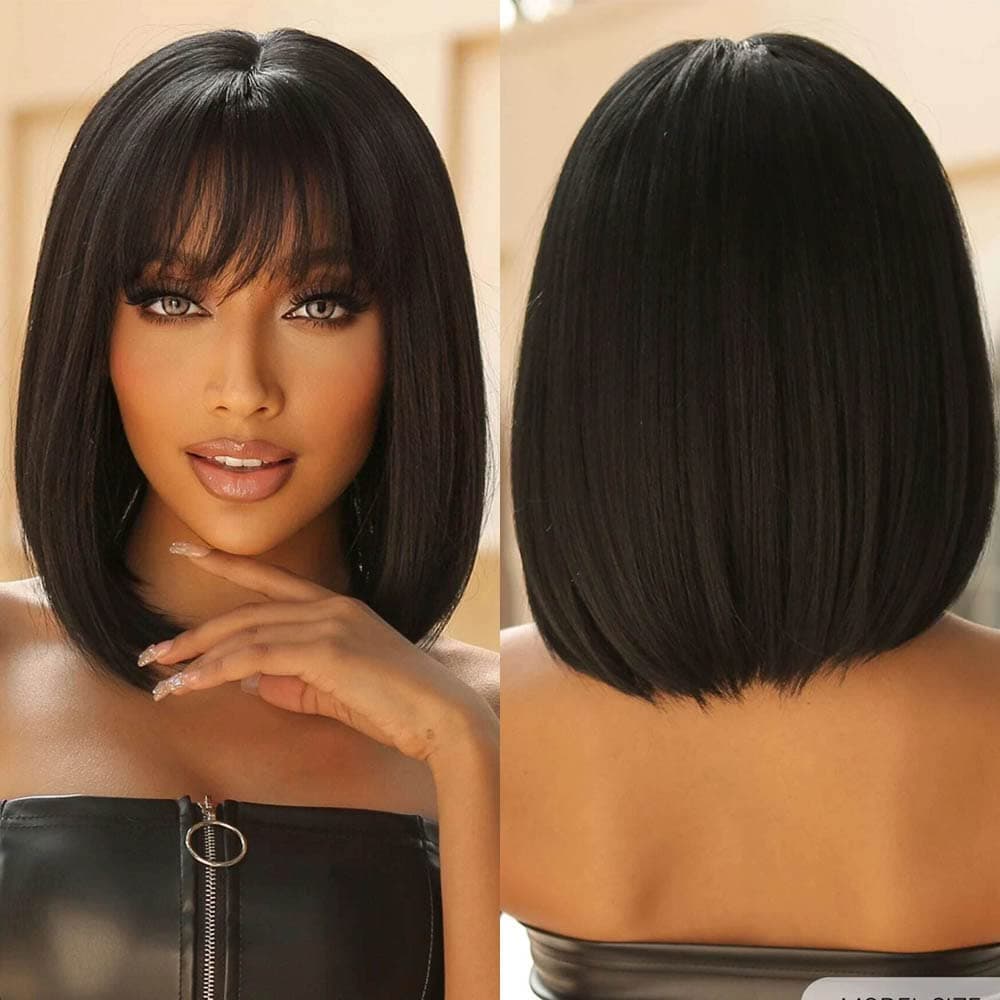 Allbell Black Short Bob Wigs for Women Bob Wig with Bangs Straight Natural Hair Synthetic Wig Party Cosplay