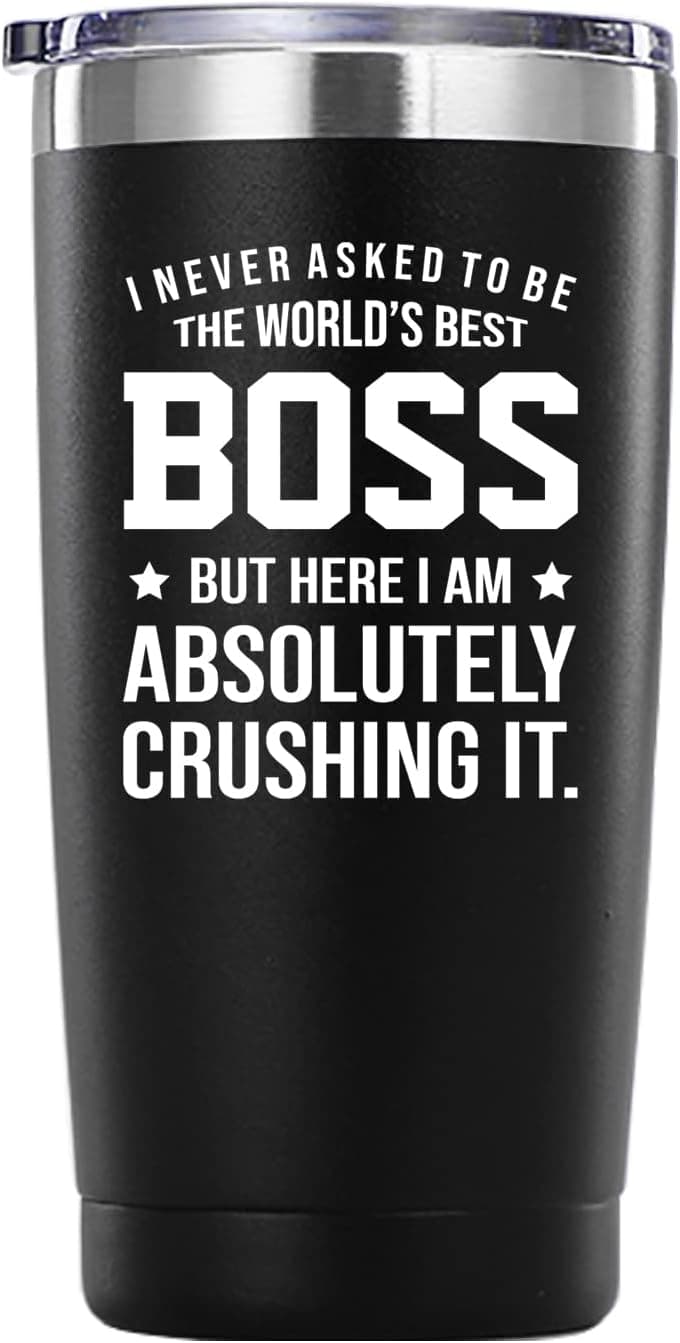 Cwtch I Never Asked To Be The World's Best Boss Tumbler Gifts.20 oz (Black) Travel Mug Gifts for Boss Manager Director Employer.Bosses Day,Office,Retirement,Leaving Gifts for Boss from Employees.