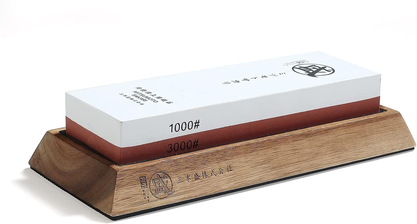 MITSUMOTO SAKARI Japanese Knife Sharpening Stone, Professional Kitchen 1000/3000 Grit Knife Sharpener Stone, Anti-Slip Bamboo Seat Sharpener Whetstone