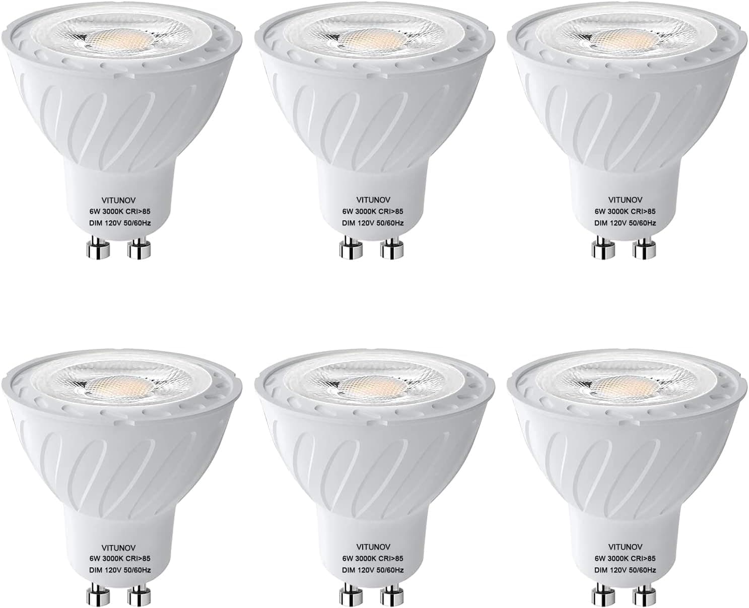 VITUNOV GU10 LED Bulbs Dimmable, 6W(50W Halogen Equivalent), MR16 GU10 Light Bulb with Long Lasting Lifespan, 3000K Warm White GU10 120V 50W Spot Light Bulb for Track&Recessed Lighting, 6 Pack