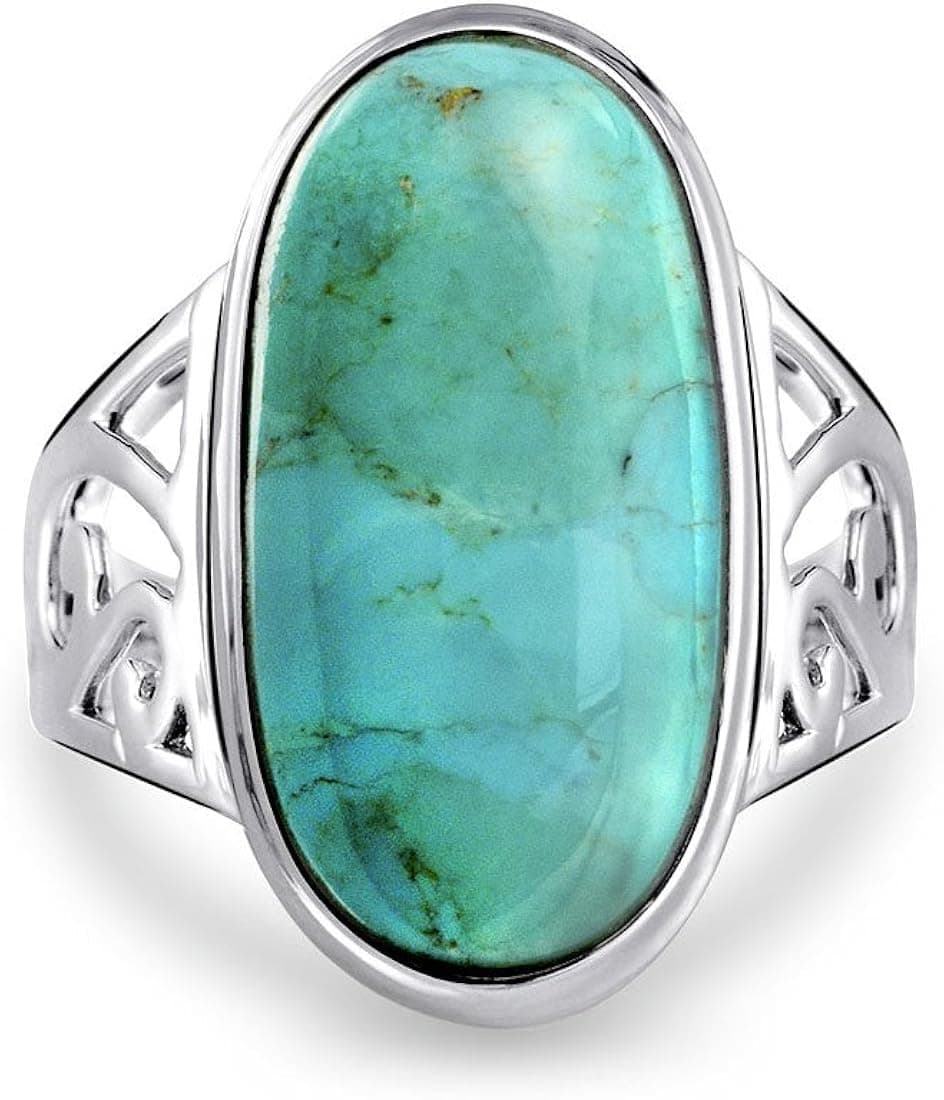 Personalize Southwest Boho Style 7-10 CTW Large Dome Rectangle Oval Gemstone Bezel Set Blue Turquoise Western Statement Ring For Women Filigree Scroll Band .925 Sterling Silver Customizable