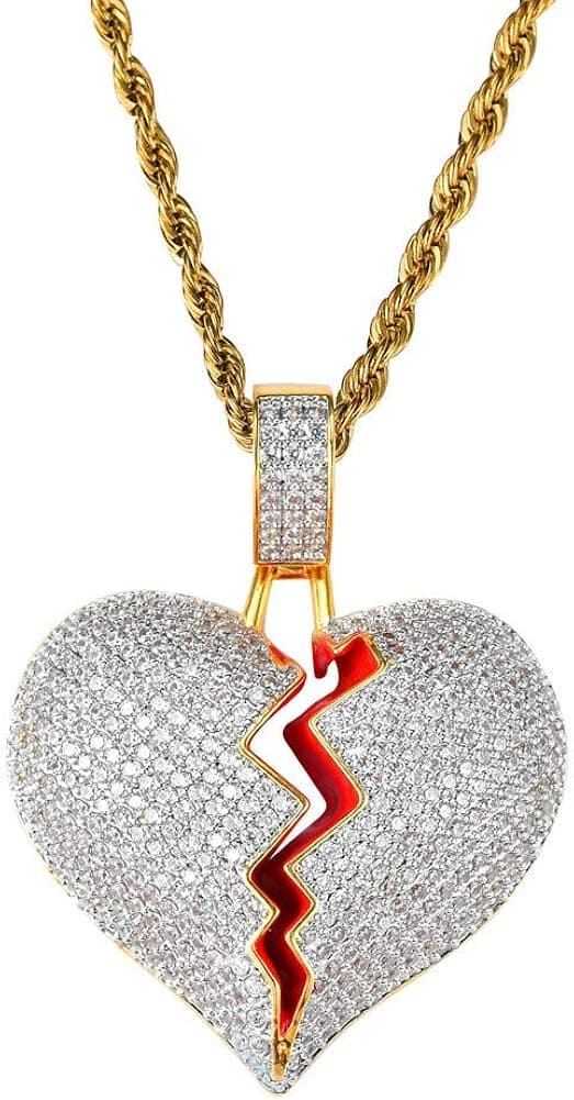EXGOX Men's and Women 18k Gold Plated Broken Heart Pendant Necklace Hip Hop CZ Fully Iced Out Bling Cuban Stainless Rope Chain Necklace