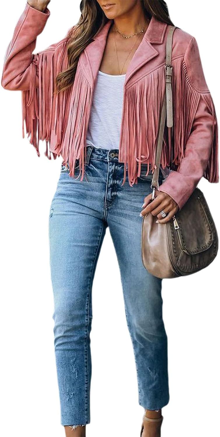 Faux Suede Tassel Jacket Womens Vintage Lapel Long Sleeve Fringe Cropped Cardigan Outwears