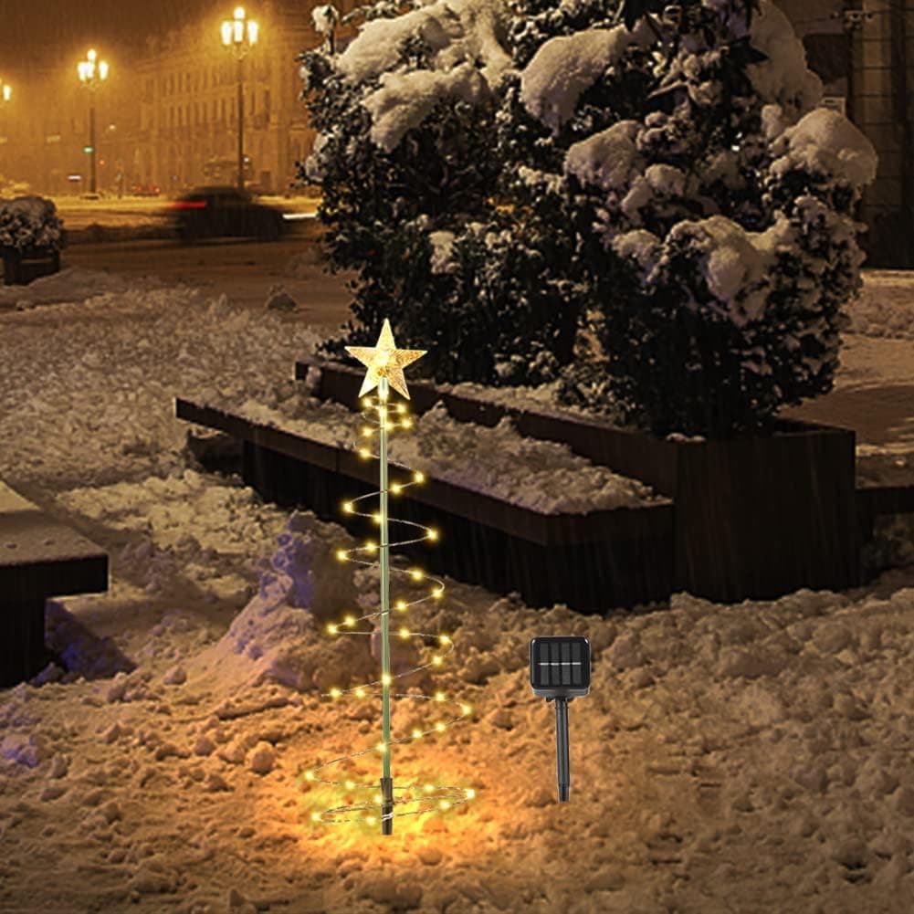 Solar Metal LED Christmas Tree Decoration - Spiral Christmas Tree Light Waterproof, Garden Luminous String Light with Multicolored and Warm White for Patio Lawn Party Xmas Outside Decor