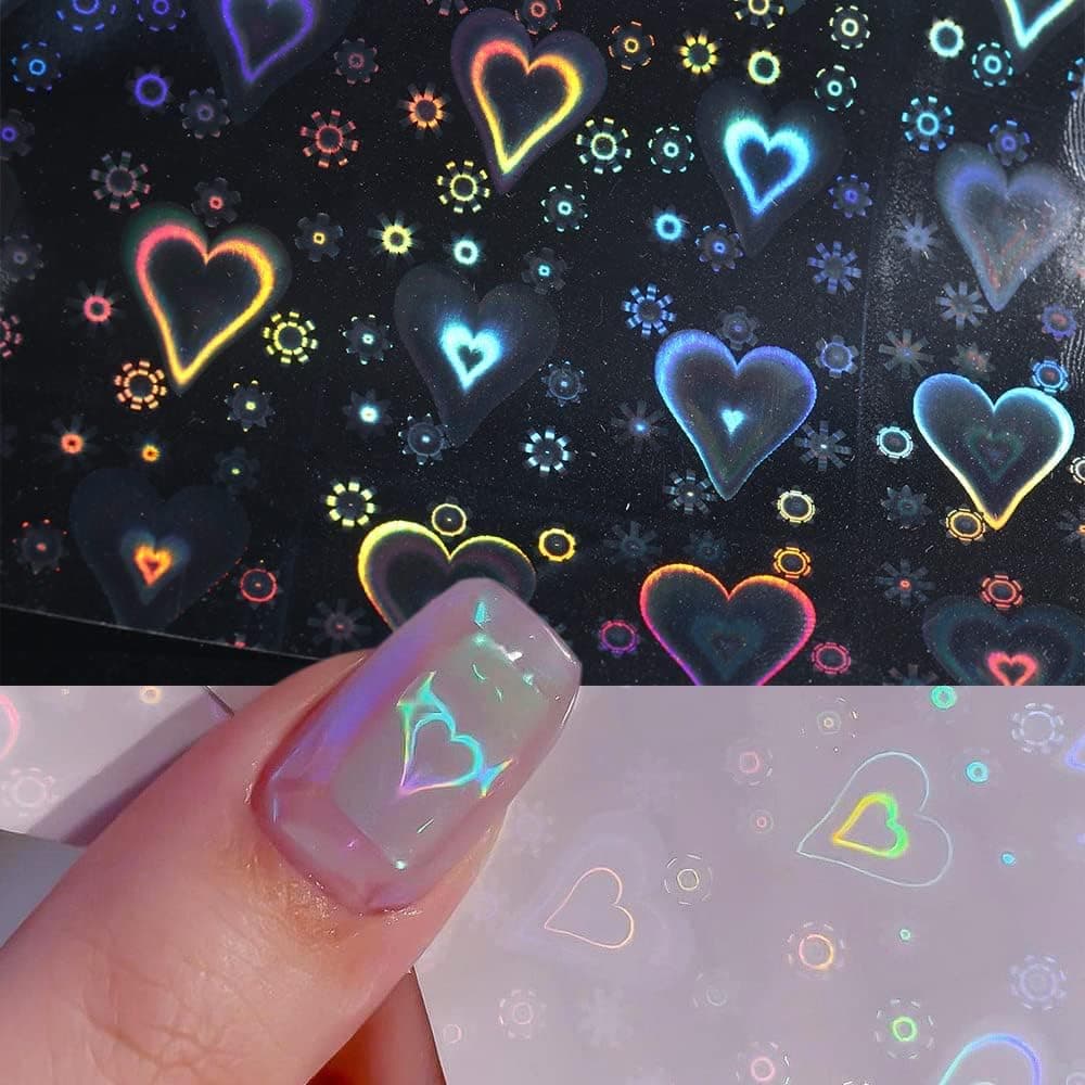 Love Heart Aurora Pattern Nail Stickers Decals 6 Sheets Sparkly 3D Iridescent Heart Nail Decoration Wraps Valentine Manicures Tools for Women Girls Accessories