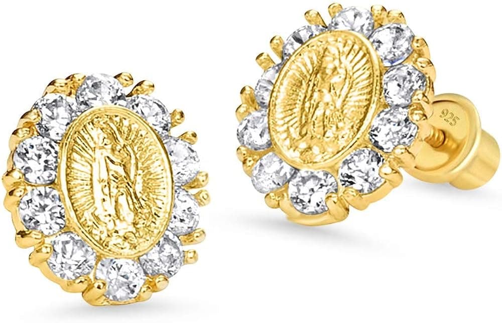 14k Gold Plated Brass Guadalupe Cubic Zirconia Screwback Girls Earrings with Sterling Silver Post