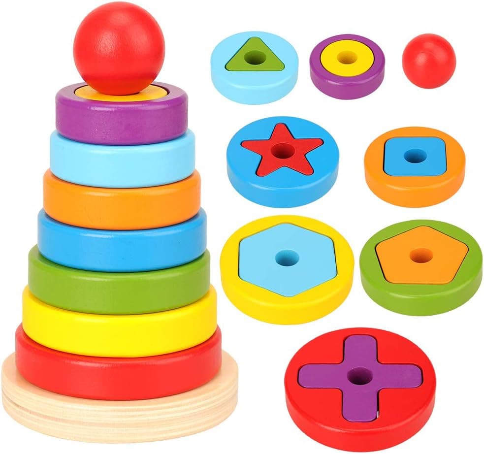 Miunana Wooden Stacking Rings Rainbow Geometric Shape Stacker Toddler Learning Toys Builing Puzzles Educational Game for Kids