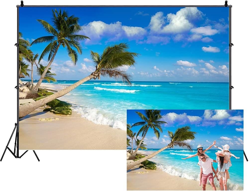 Leowefowa Vinyl 12x8ft Tropical Beach Backdrop Blue Ocean Sea Waves Green Palm Trees Backgrouds Hawaiian Luau Party Banner Summer Fiesta Coasatal Line Landscape Travel Tourism Holiday Studio Prop
