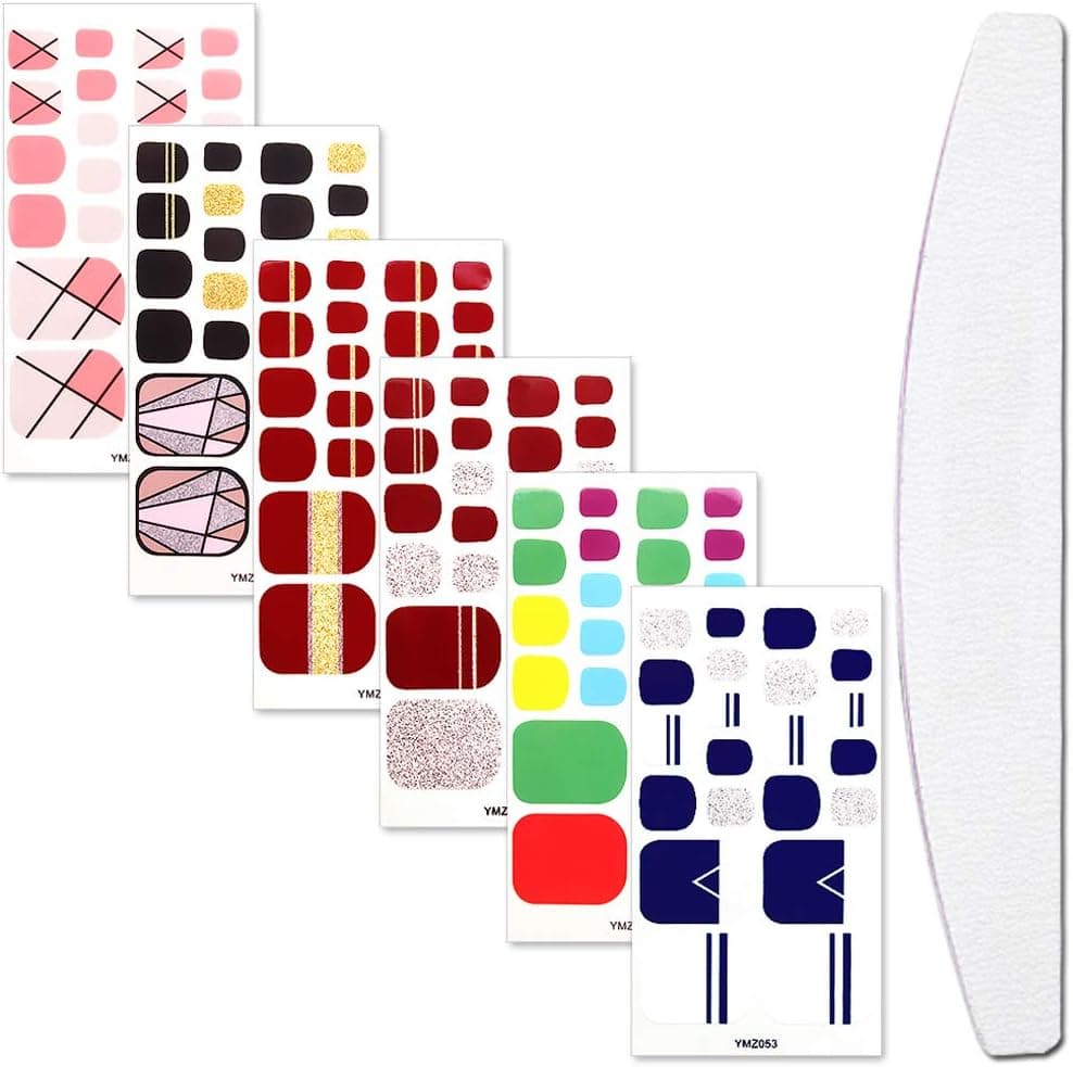 WOKOTO 6 Sheets Toenail Art Polish Decals Tips Classical Manicure Design With 1Pc Nail File Adhesive Nail Wraps Stickers Strips Set