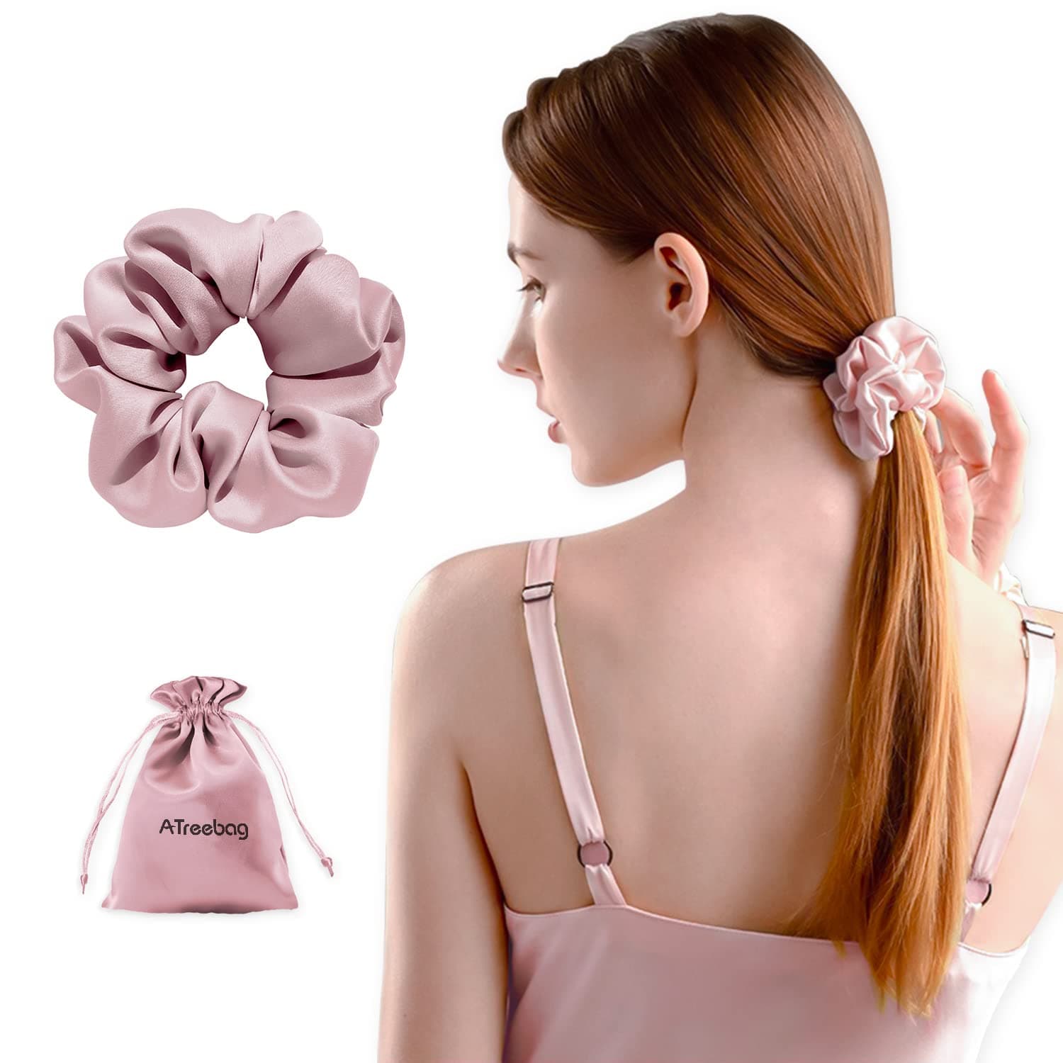 ATreebag Silk Scrunchies for Girls, Hair Ties for Women 100% Mulberry Silk Large Scrunchies for Thick Hair, Scrunchy Holder Upgraded Elastic Hair Band, 1 pc, Light Plum