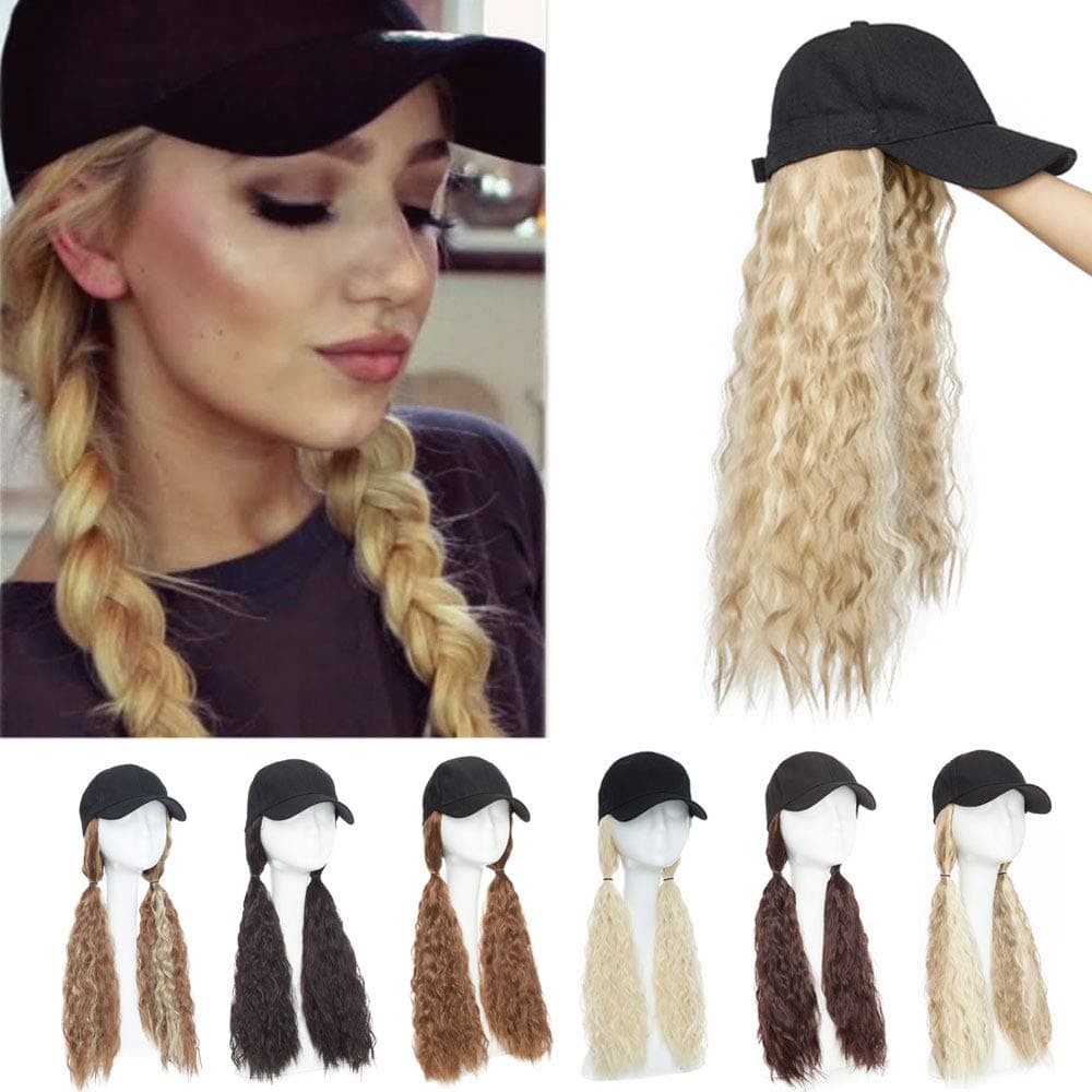 Synthetic Baseball Cap With Hair Attached Curly Wavy Corn Wave Hairpiece Long Hat Hair Extensions Adjustable Cap Black Hat Yaki Hair Extension For Women(18''-Corn Wave,Sandy Blonde Mix Bleach Blonde)