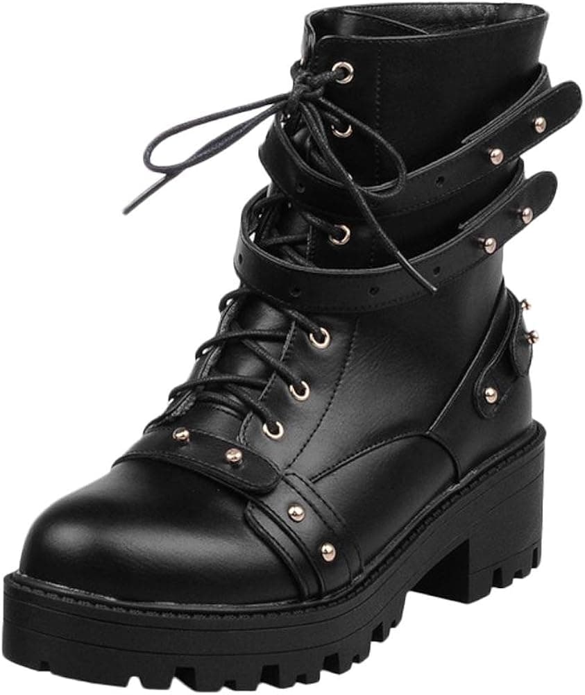 Carolbar Women's Plus Size Lace Up Fashion Punk Combat Mid Heel Short Motorcycle Boots (9, Black)
