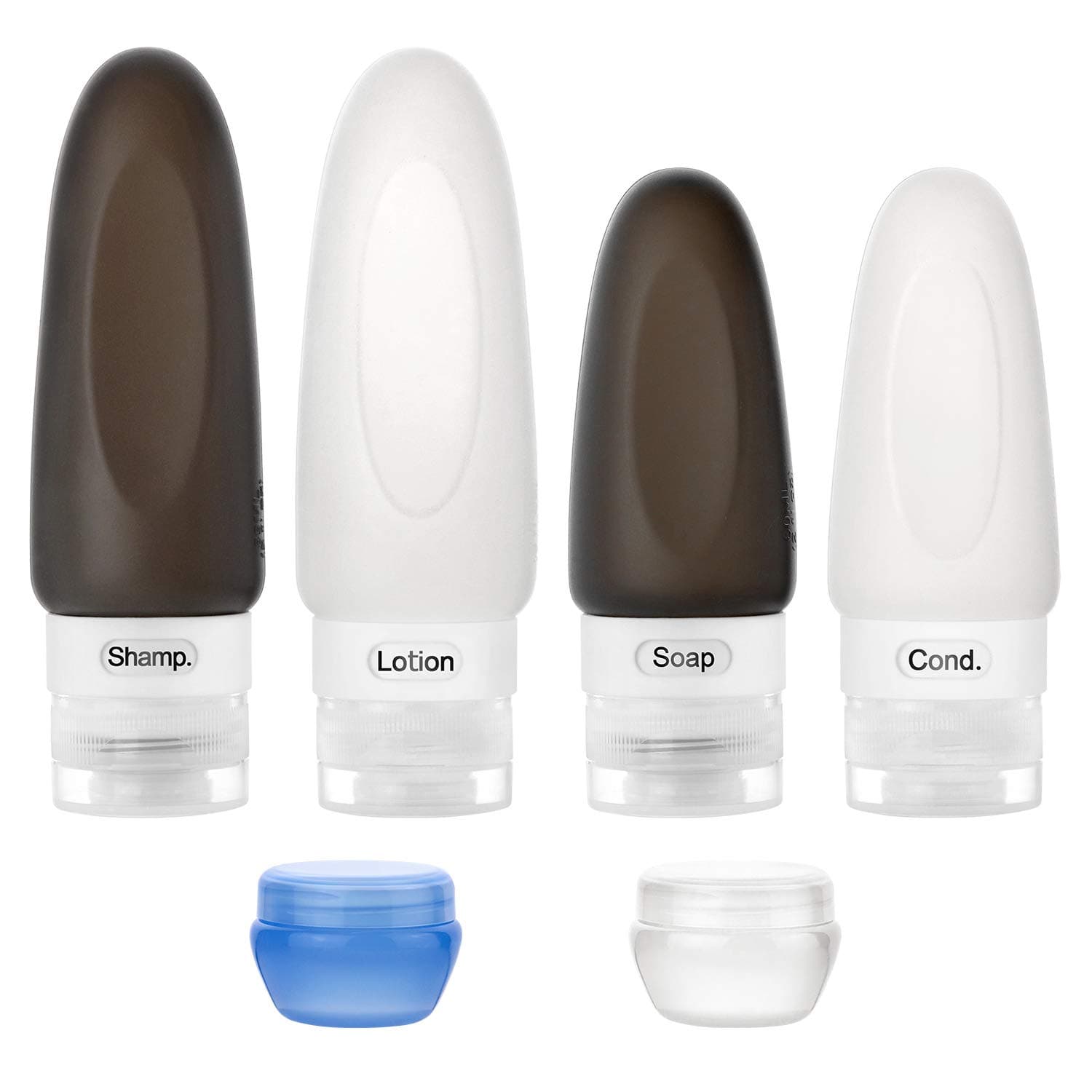 Travel Bottles Set Leakproof Silicone Refillable Squeezable Travel Containers with Labels and Clear Travel Bag for Shampoo, Conditioner, Lotion, Toiletries (3oz + 2oz)