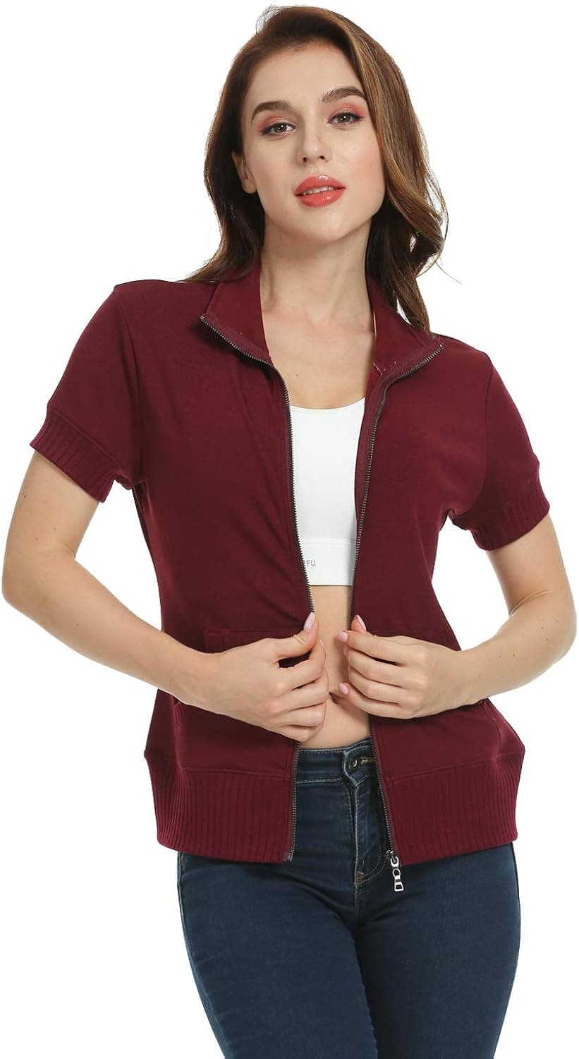 WUDODO Women's Zip up Sweatshirt Jacket Stand Collar Hoodless Running Sweatshirt with Pockets