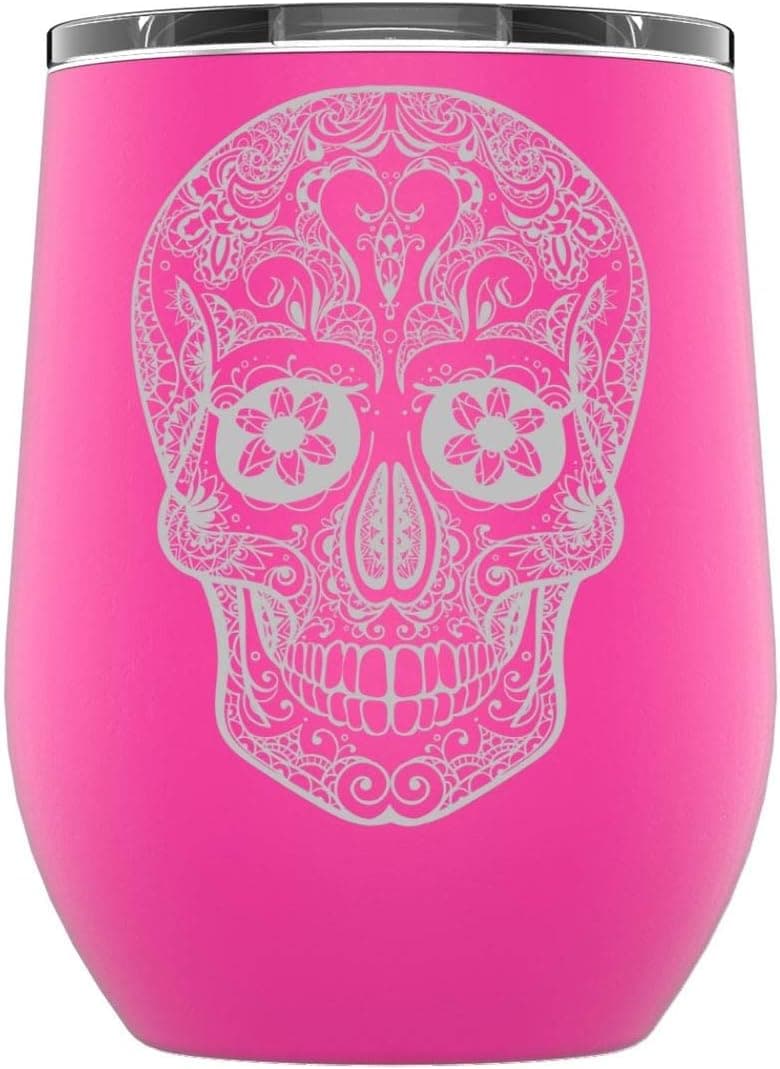Stainless Steel Camping & Travel Powder Coated Wine Glass Tumbler with Splash Proof Lid, Triple Wall Vacuum Insulated, Coffee Mug Travel Work|Hot Cold Drinks (Pink, Sugar Skull)