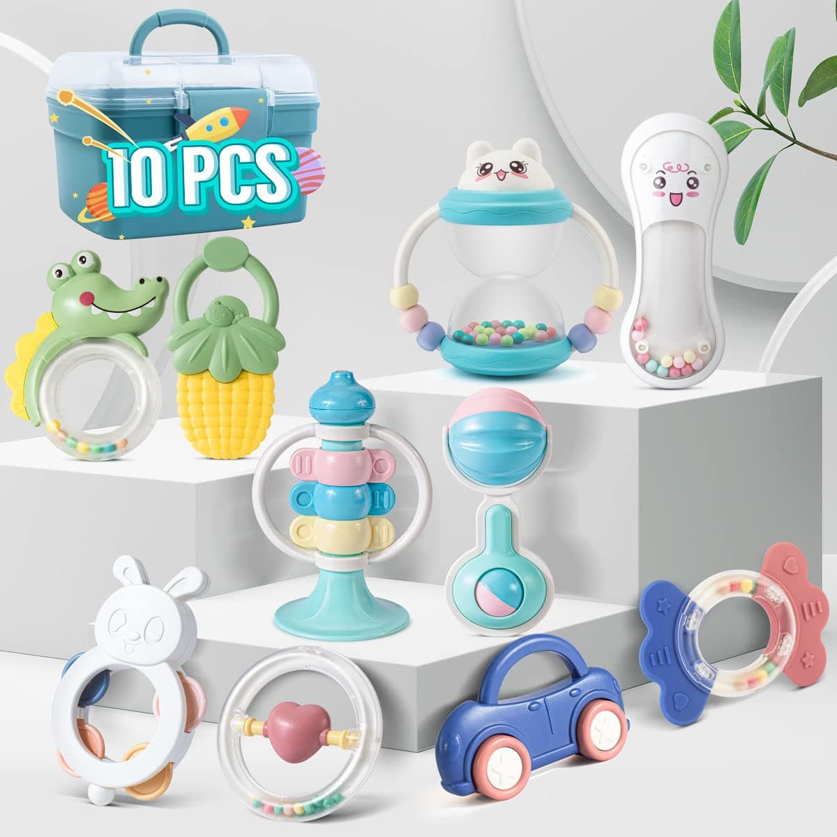 Baby Toys 6 to 12 Months 10PCS Newborn Infant Teething Toys for Babies 0-3-6-12 Months Baby Rattles Teether Toys, Sensory Rattle Toy Gift for Newborn Babies, Early Educational Toys with Storage Box