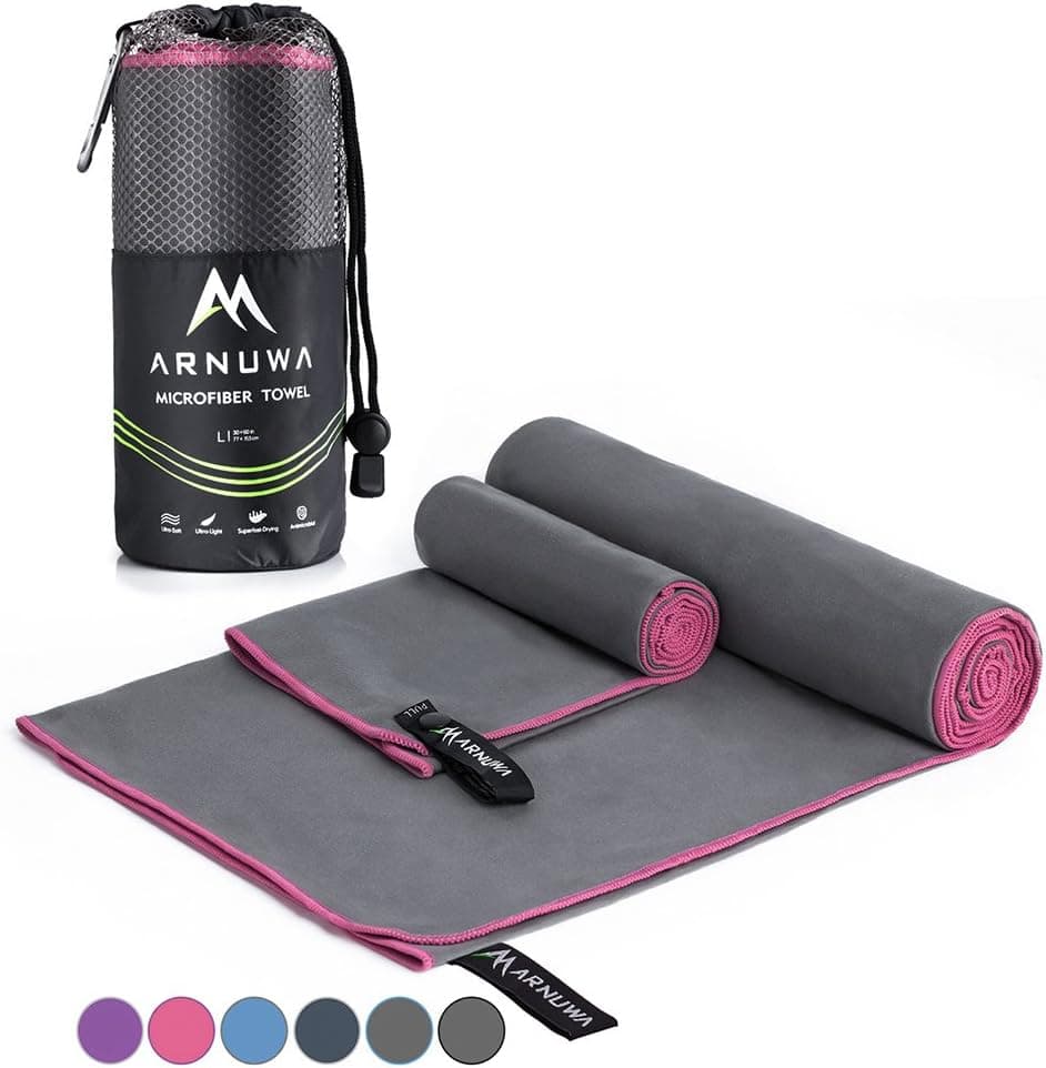 ARNUWA Microfiber Travel Towel Set Quick Dry Ultra Absorbent Compact, Gray/Pink L