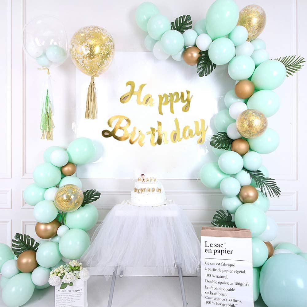 Mint Green Balloons Gold Confetti Metallic Balloons Balloon Arch Kit and Happy Birthday Banner