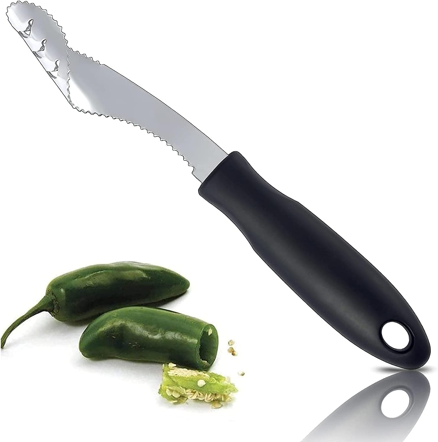 Jalapeno Pepper Corer,FIOTOK Stainless Steel Chili Corer Remover kitchen Tool with Serrated Slice and Rubber Handle Easily Seed Remover or Slice off Vegetables tops for Barbecue Roasting Peppers
