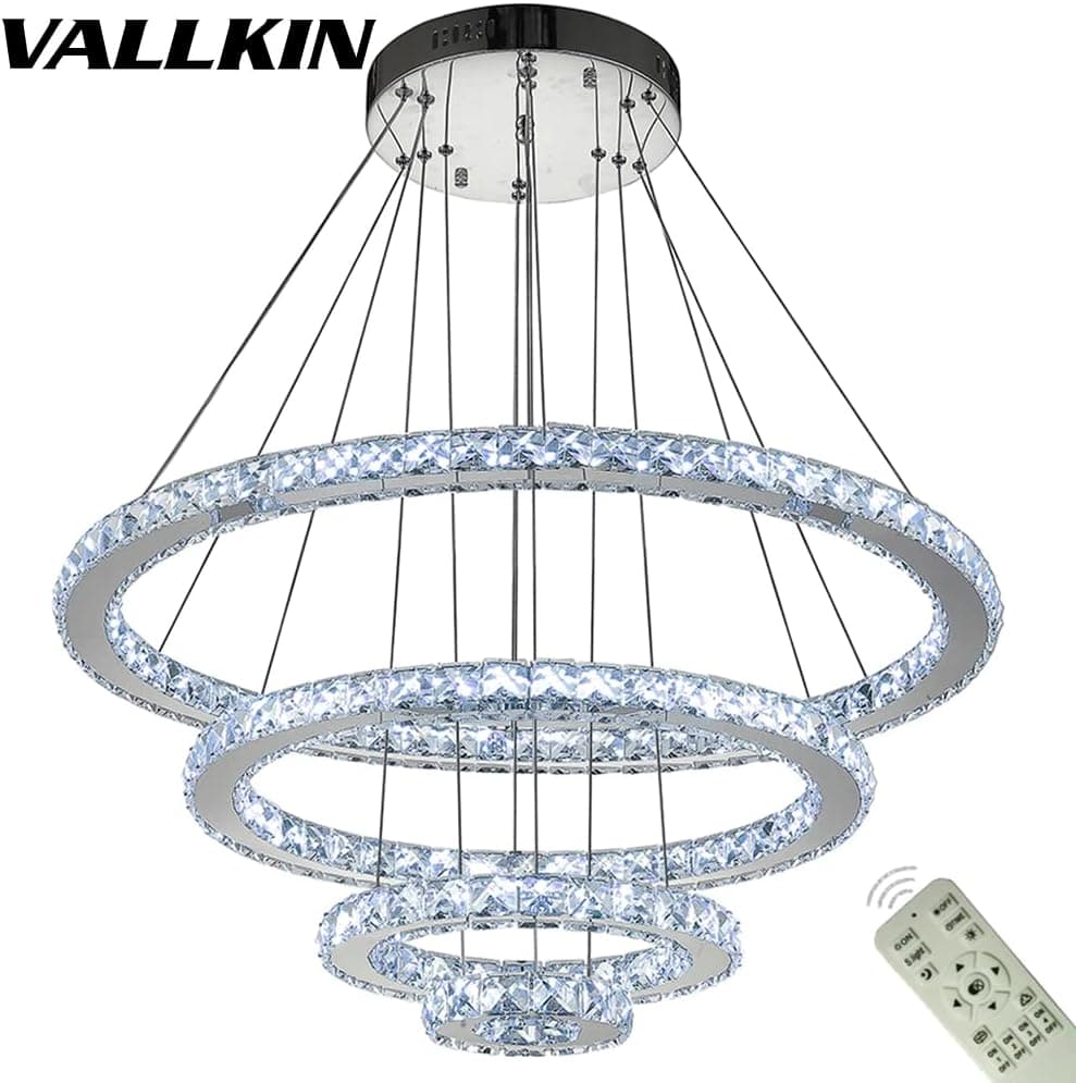 VALLKIN Modern Ring Crystal Chandelier Lighting for Dining Room LED Circle Pendant Lights Hanging Light Fixures Ceiling Lamp for Living Room Silver Stainless Steel Body, Dimmable by Remote