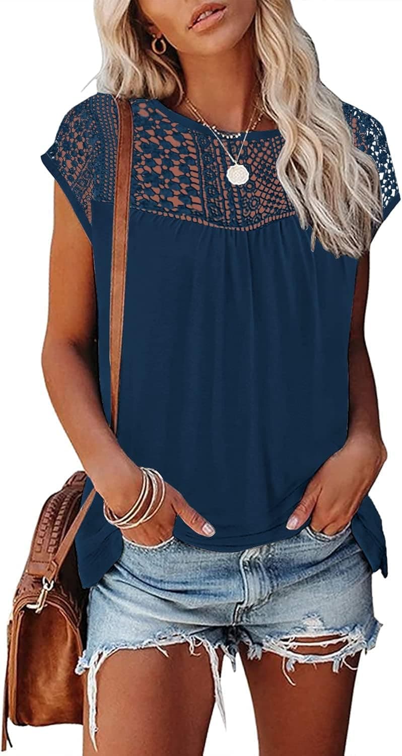 ETCYY Womens Cap Sleeve Tops 2023 Trendy Floral Print Summer Tops Loose Fit Lace T Shirts Blouses