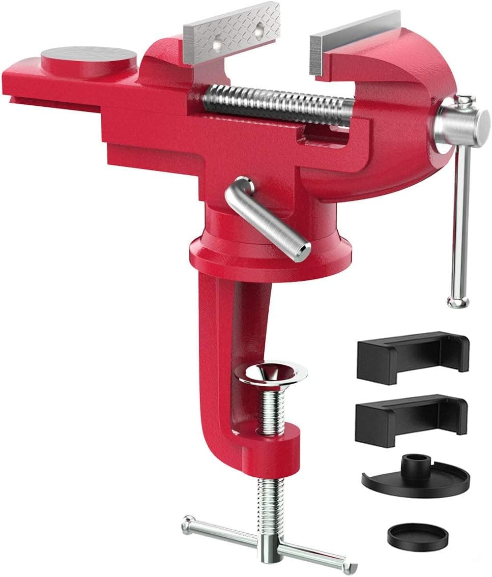 Housolution Universal Table Vise 3 Inch, 360°Swivel Base Bench Clamp Home Vise Clamp-On Vise Repair Tool Portable Work Bench Vise for Woodworking, Cutting Conduit, Drilling, Metalworking - Red
