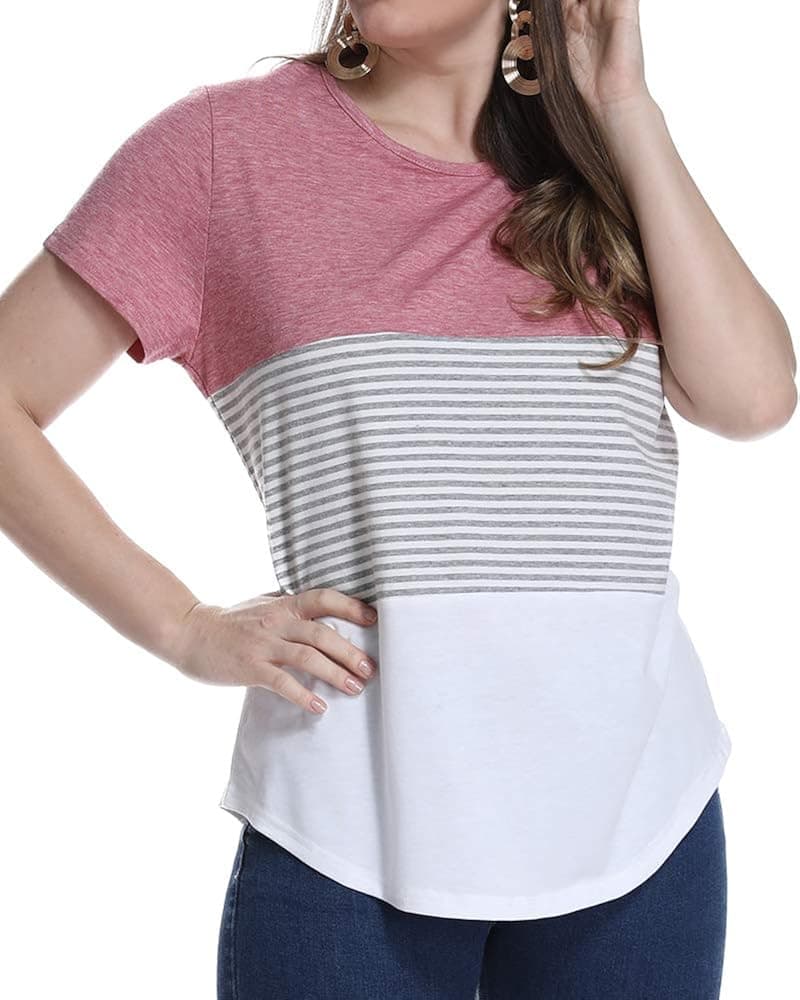 JollieLovin Women's Short Sleeve T Shirt Round Neck Triple Color Block Stripe Tops (Red 1X)